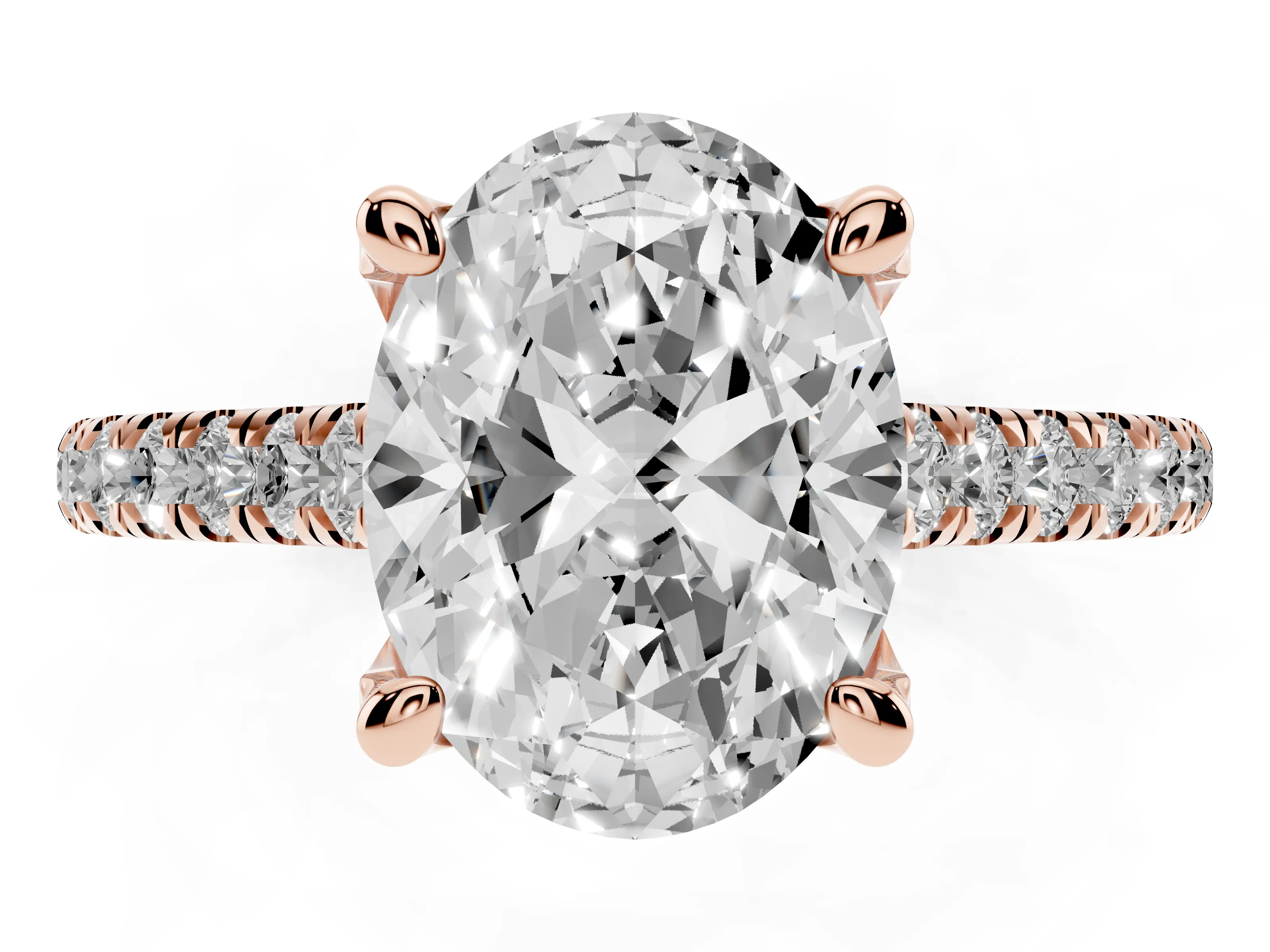 Oval Cut Diamond Solitaire Ring Set in Rose gold with Brilliant Pavé Band and Prong Setting