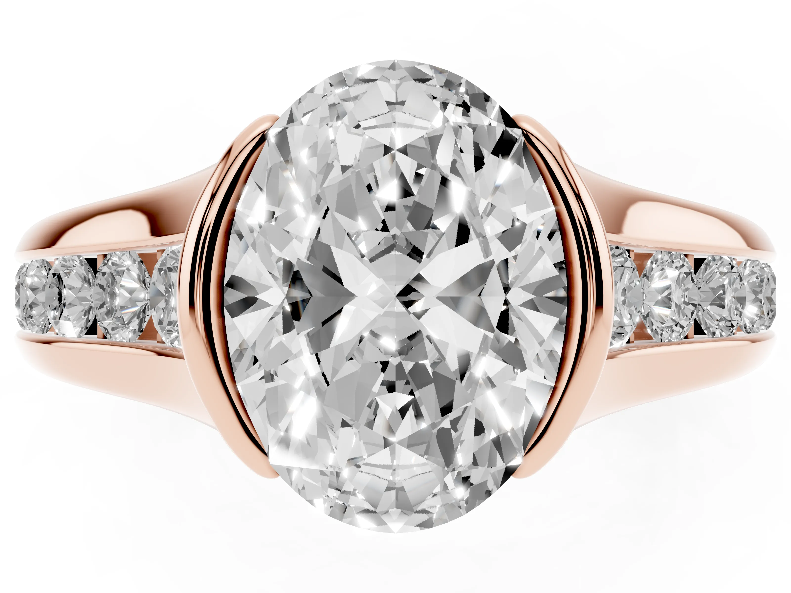 Oval Cut Diamond Bezel-Set Solitaire Ring Set in Rose gold with Channel-Set Band