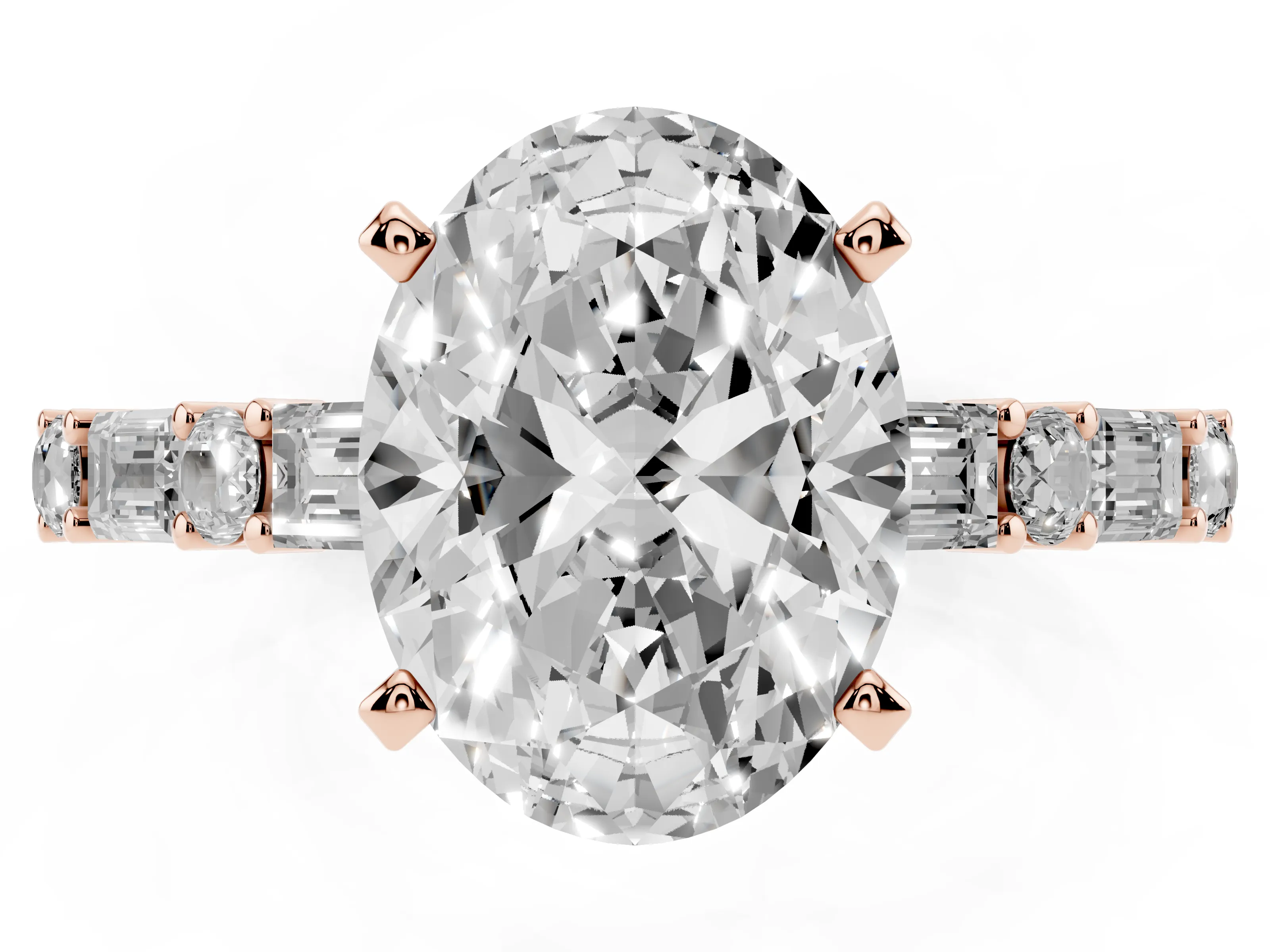 Oval Cut Diamond Solitaire Set in Rose gold with Side Baguettes and Channel Set Band