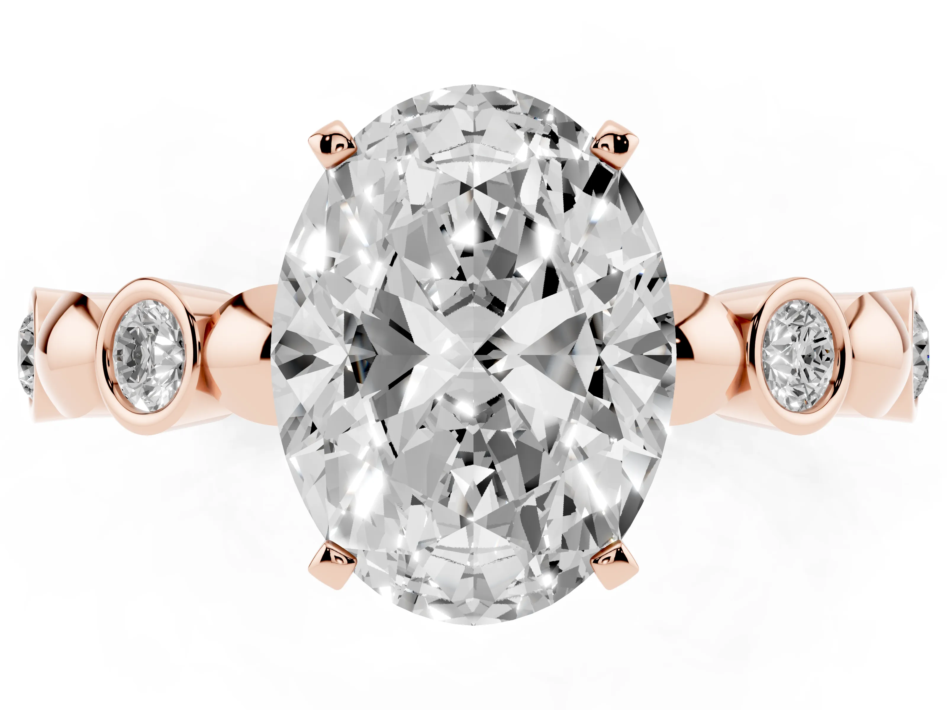 Oval Cut Diamond Solitaire Ring Set in Rose gold with Bezel-Set Accents on Beaded Band and Prong Setting
