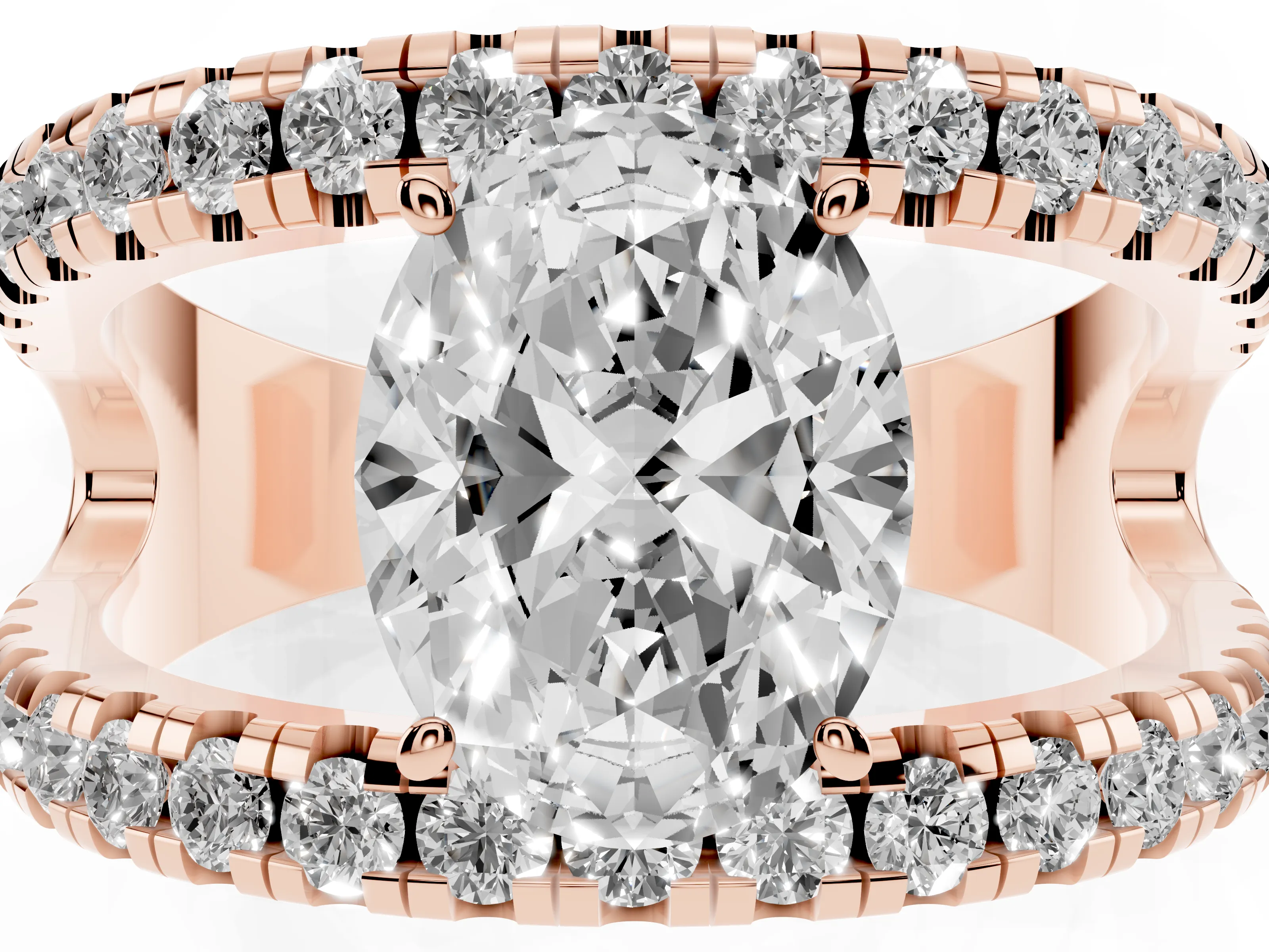 Oval Cut Diamond Split Shank Pavé Solitaire Ring Set in Rose gold with Open Shank Design