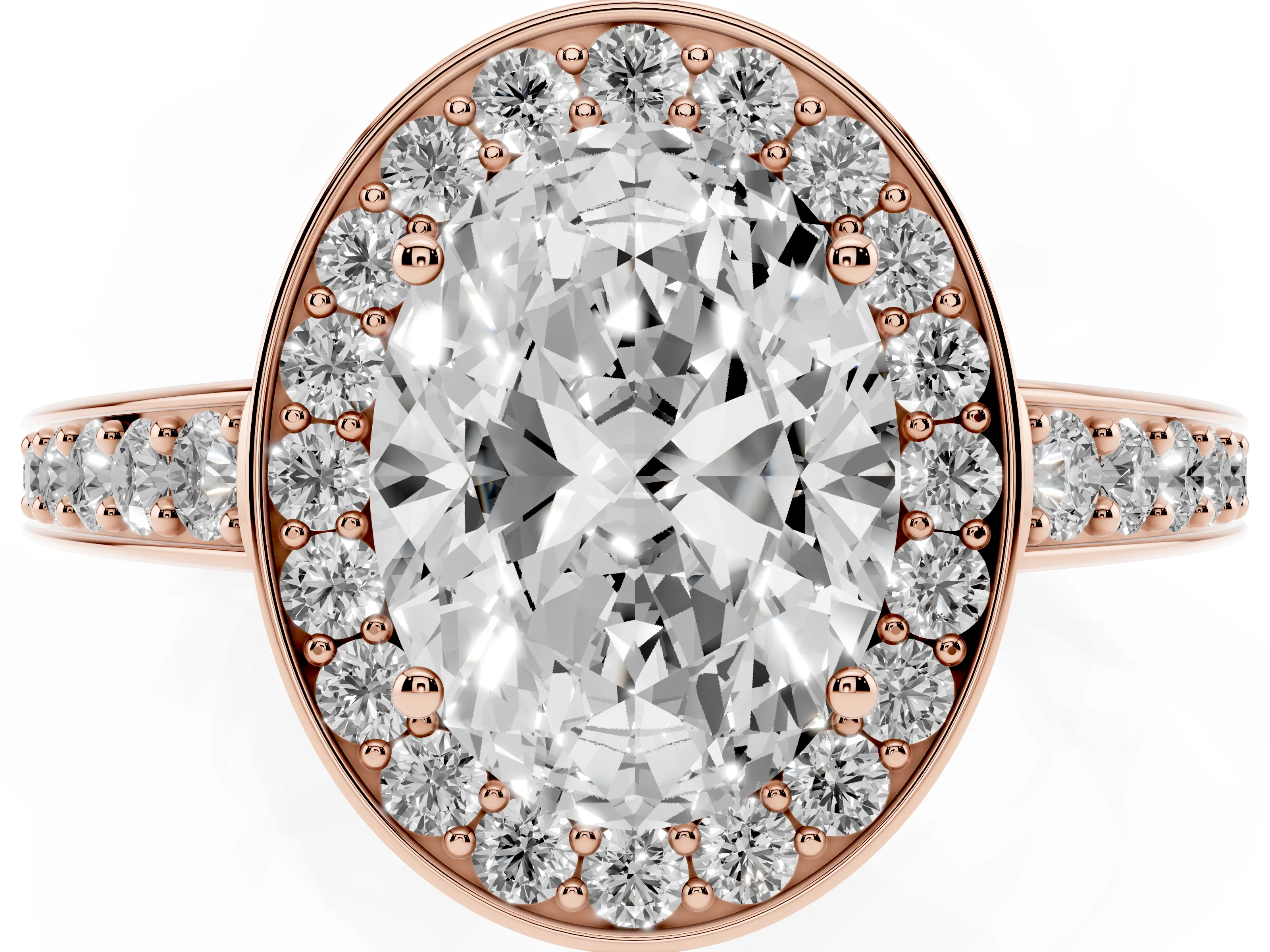 Oval Cut Diamond Halo Pavé Engagement Ring Set in Rose gold with Bezel Setting