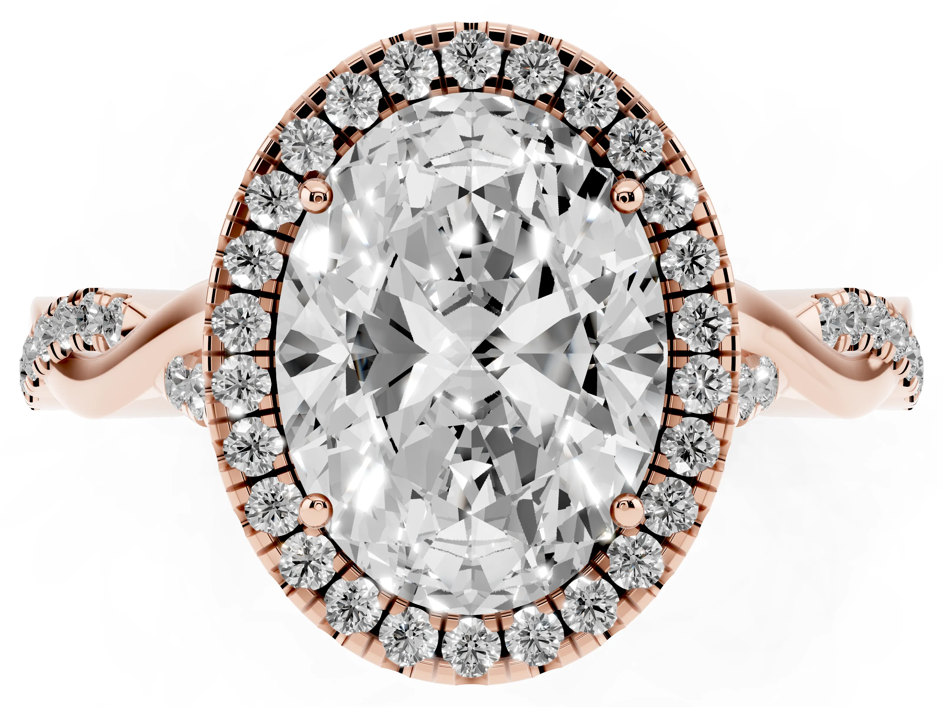 Oval Cut Diamond Halo Twist Band Solitaire Ring Set in Rose gold with Prong Setting