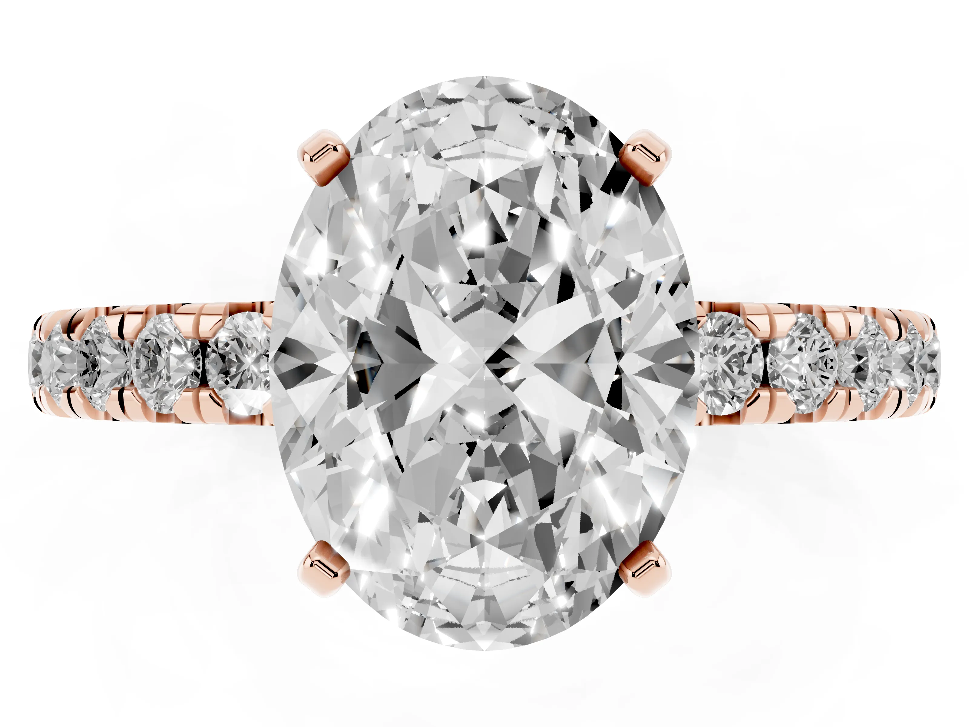 Oval Cut Diamond Pavé Solitaire Ring Set in Rose gold with Round Band and Prong Setting
