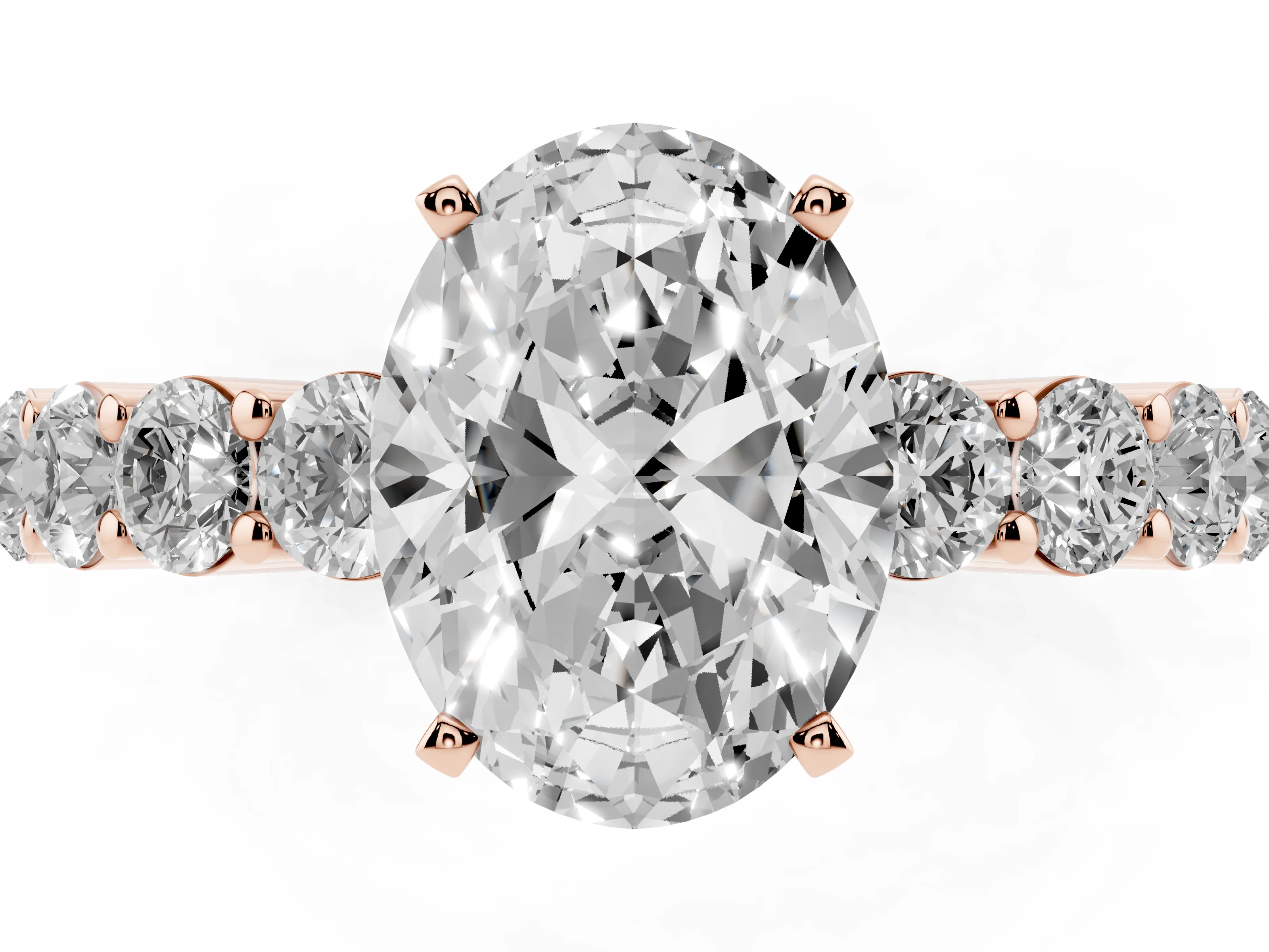 Oval Cut Diamond Solitaire Ring Set in Rose gold with Shared Prong Round Side Stones