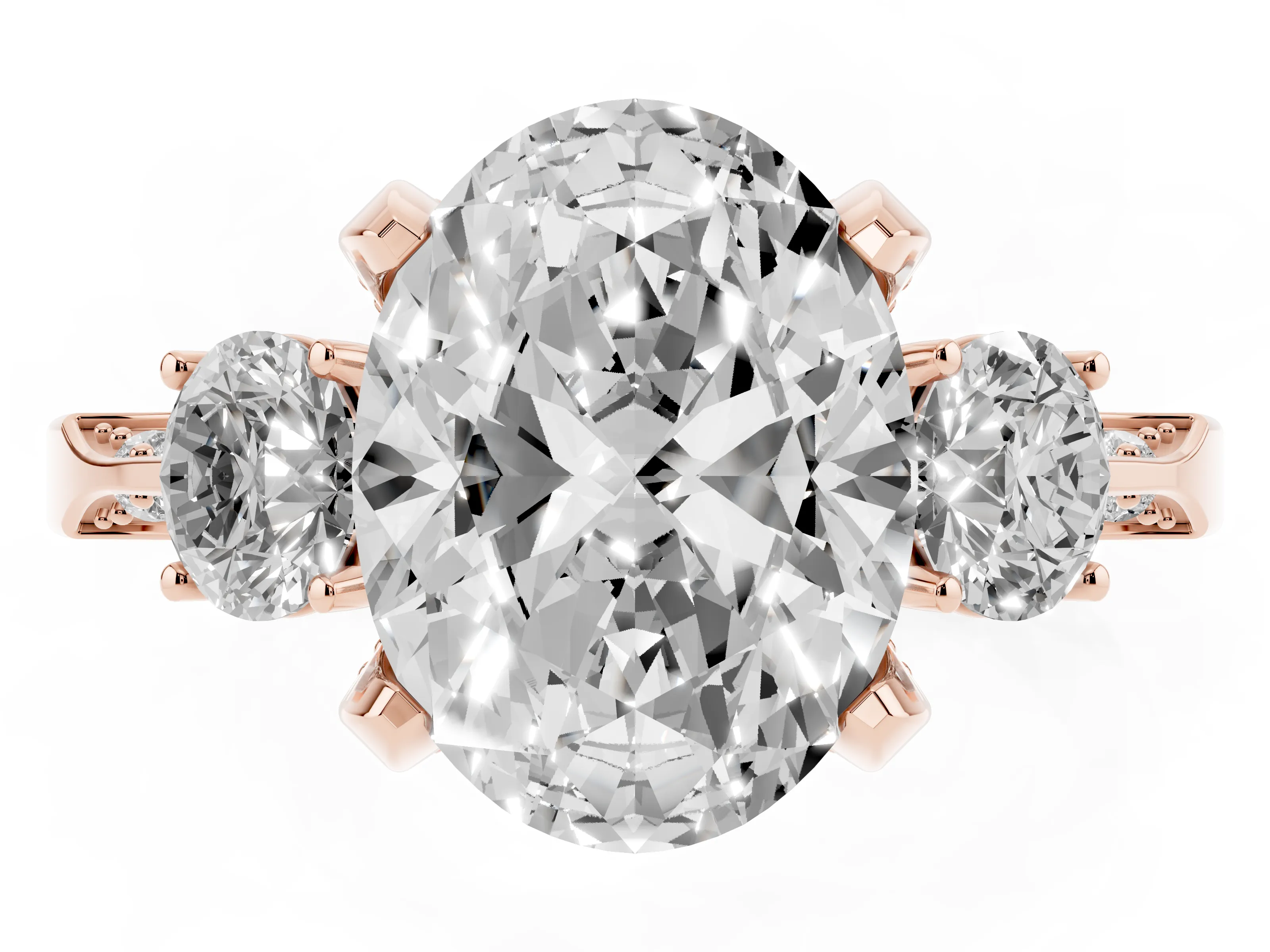 Oval Cut Diamond Three-Stone Ring Set in Rose gold with Pavé Band and Smaller Side Stones