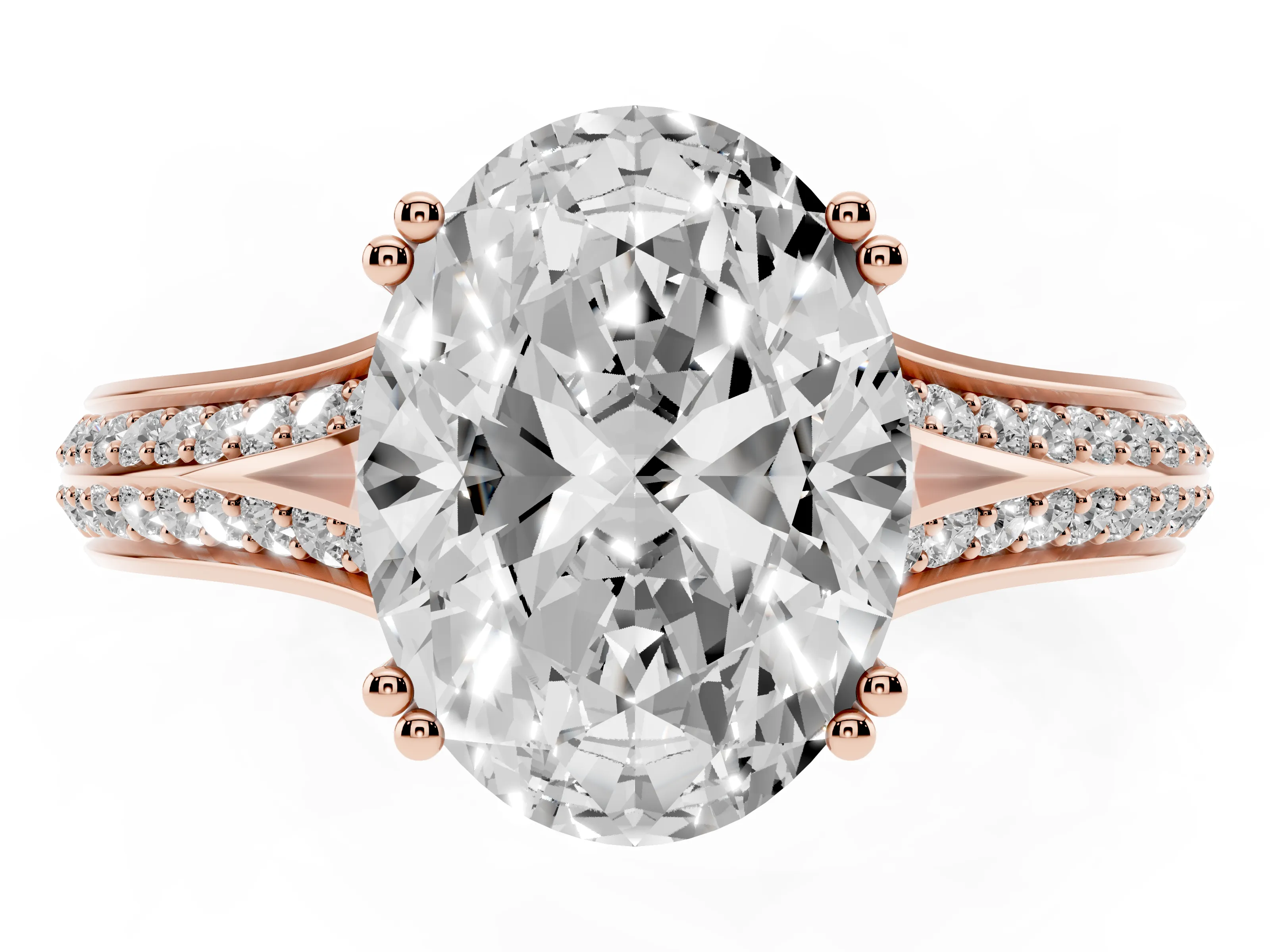 Oval Cut Diamond Split Shank Pavé Engagement Ring Set in Rose gold with Prong-Set Center Stone