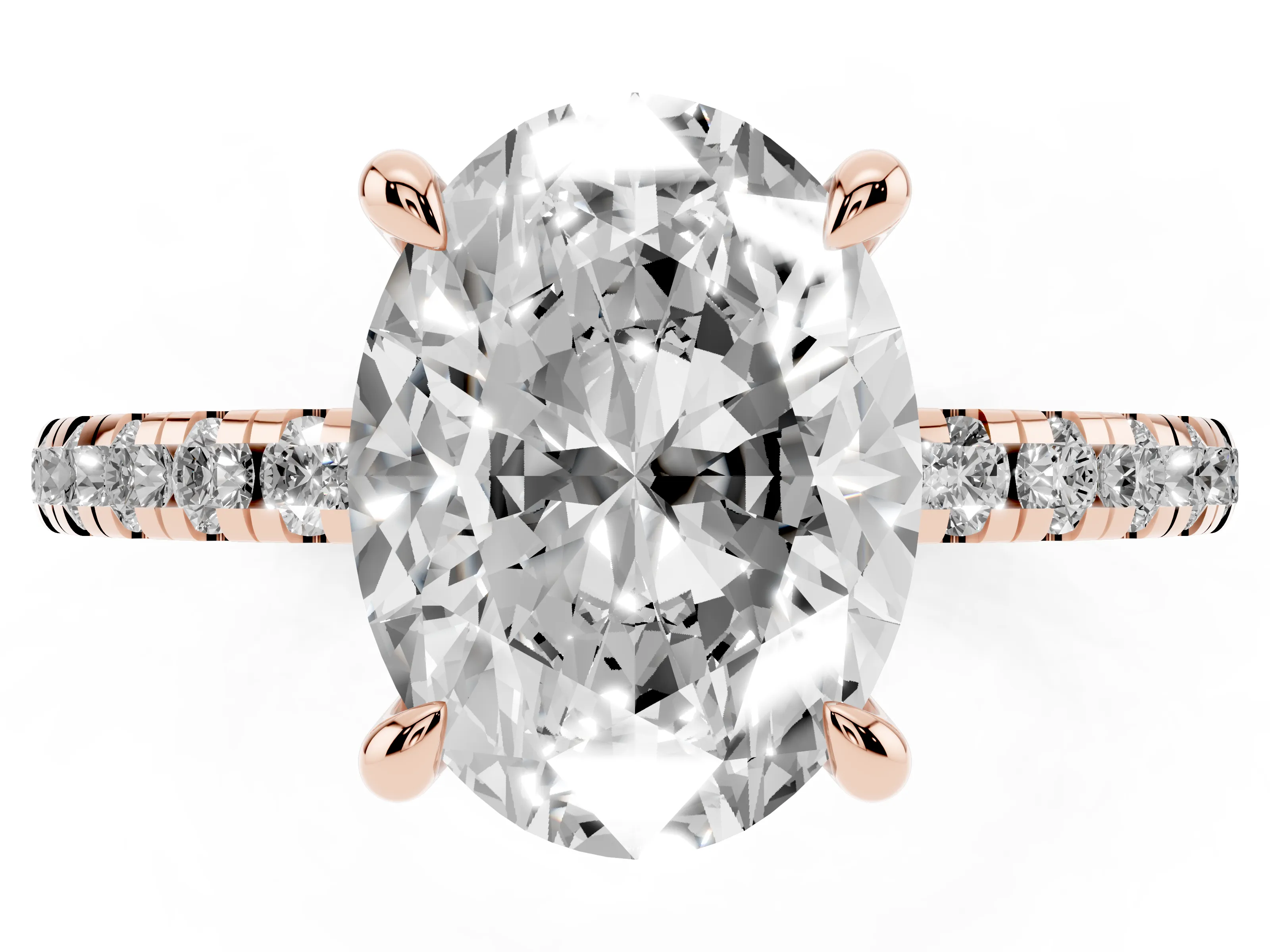 Oval Cut Diamond Brilliant Solitaire Ring Set in Rose gold with Pavé Band and Prong Setting