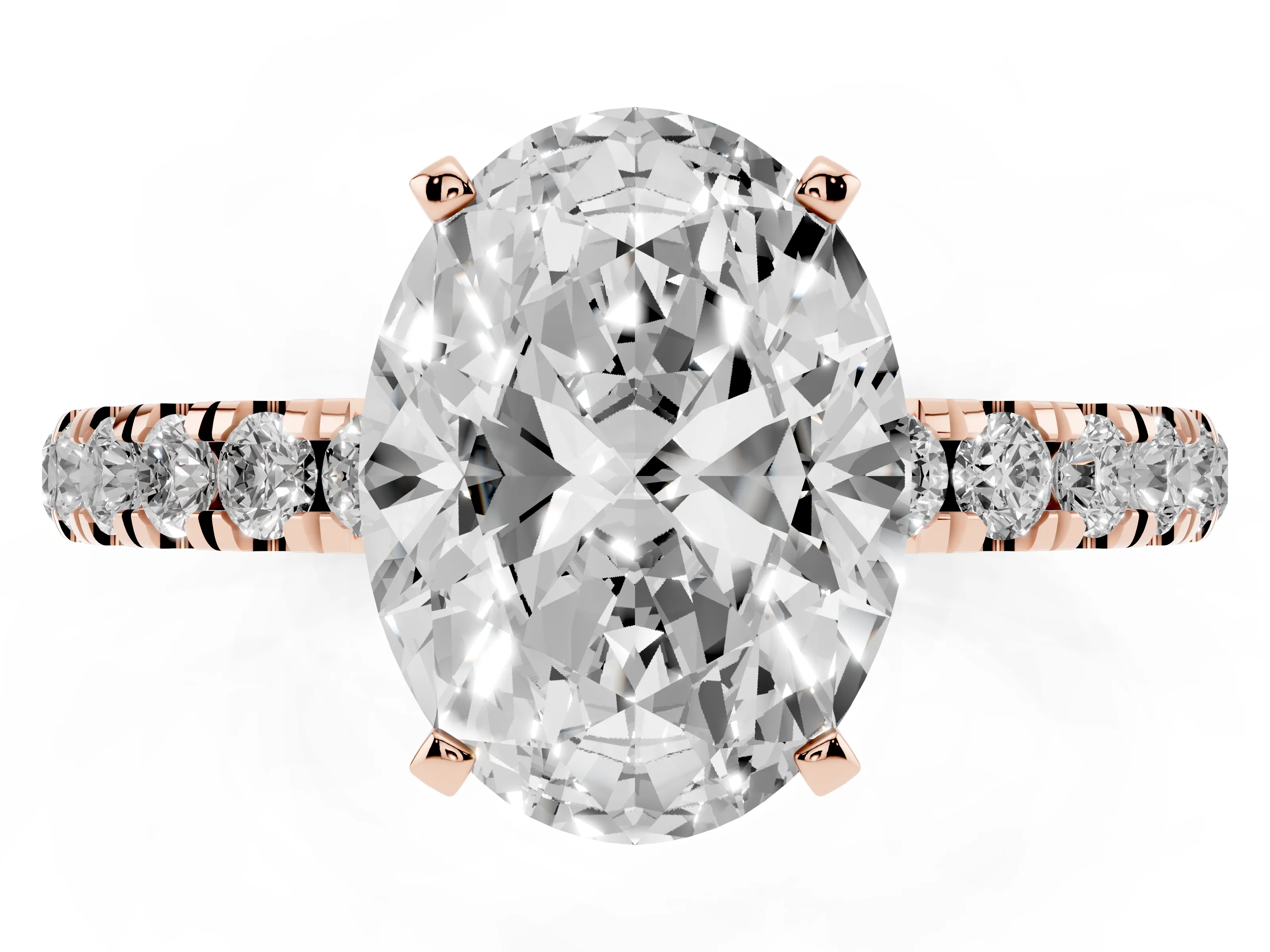 Oval Cut Diamond Solitaire Ring Set in Rose gold with Pavé Accents and Prong Setting