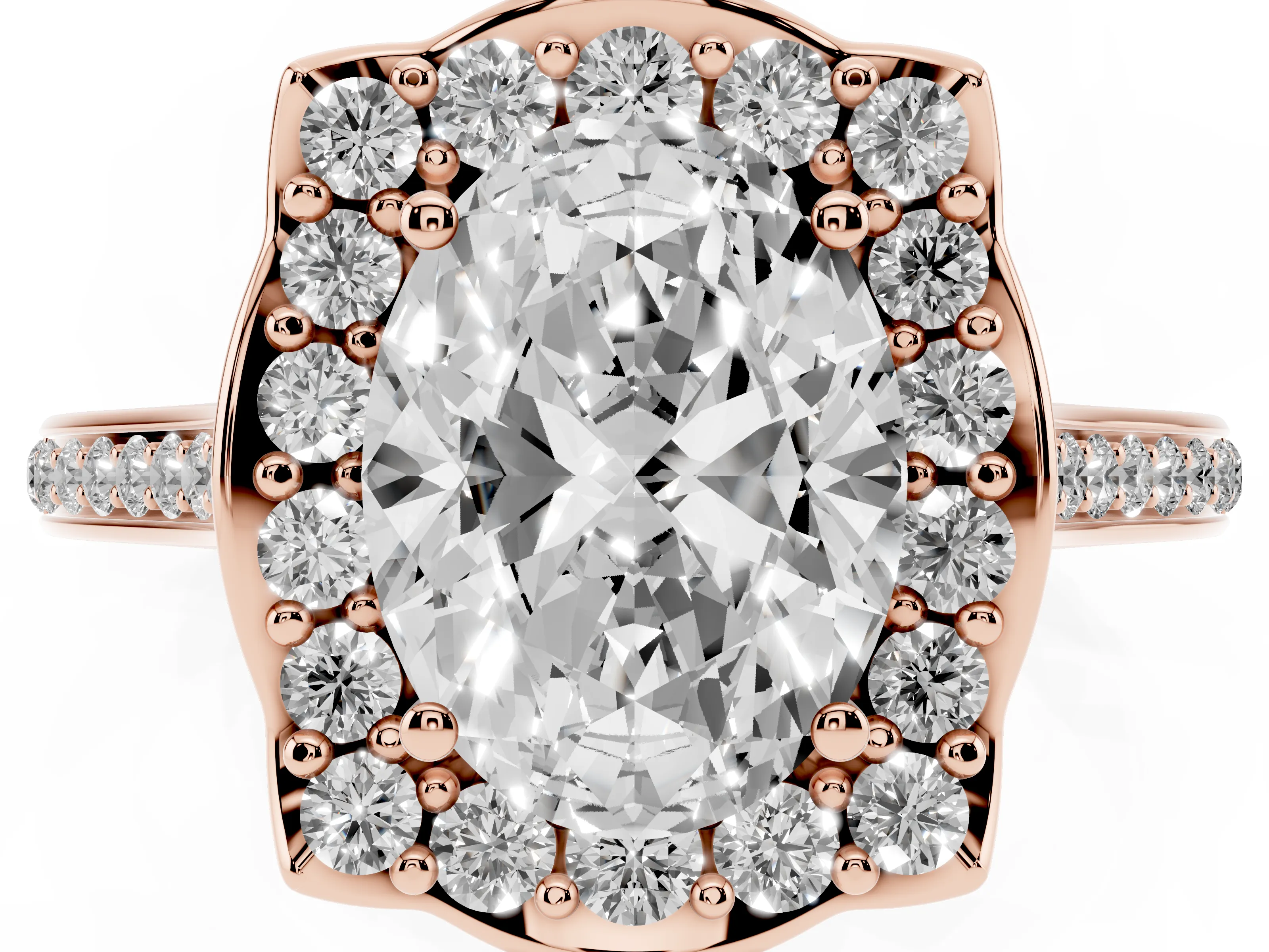 Oval Cut Diamond Halo Ring Set in Rose gold with Pavé-Lined Shoulders and Prong Setting