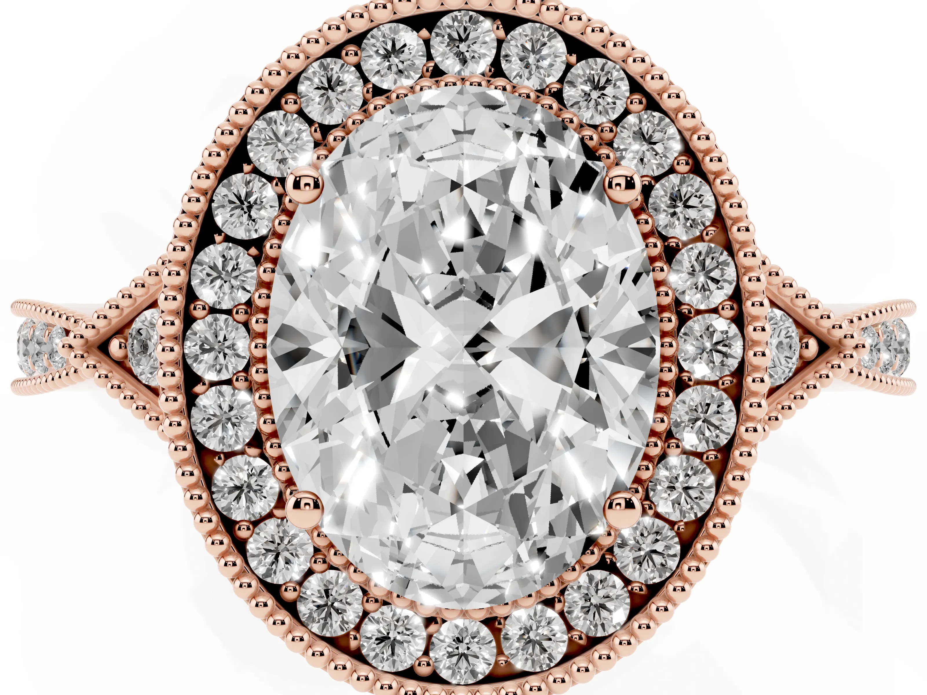 Oval Cut Diamond Halo Engagement Ring Set in Rose gold with Milgrain Pavé Band