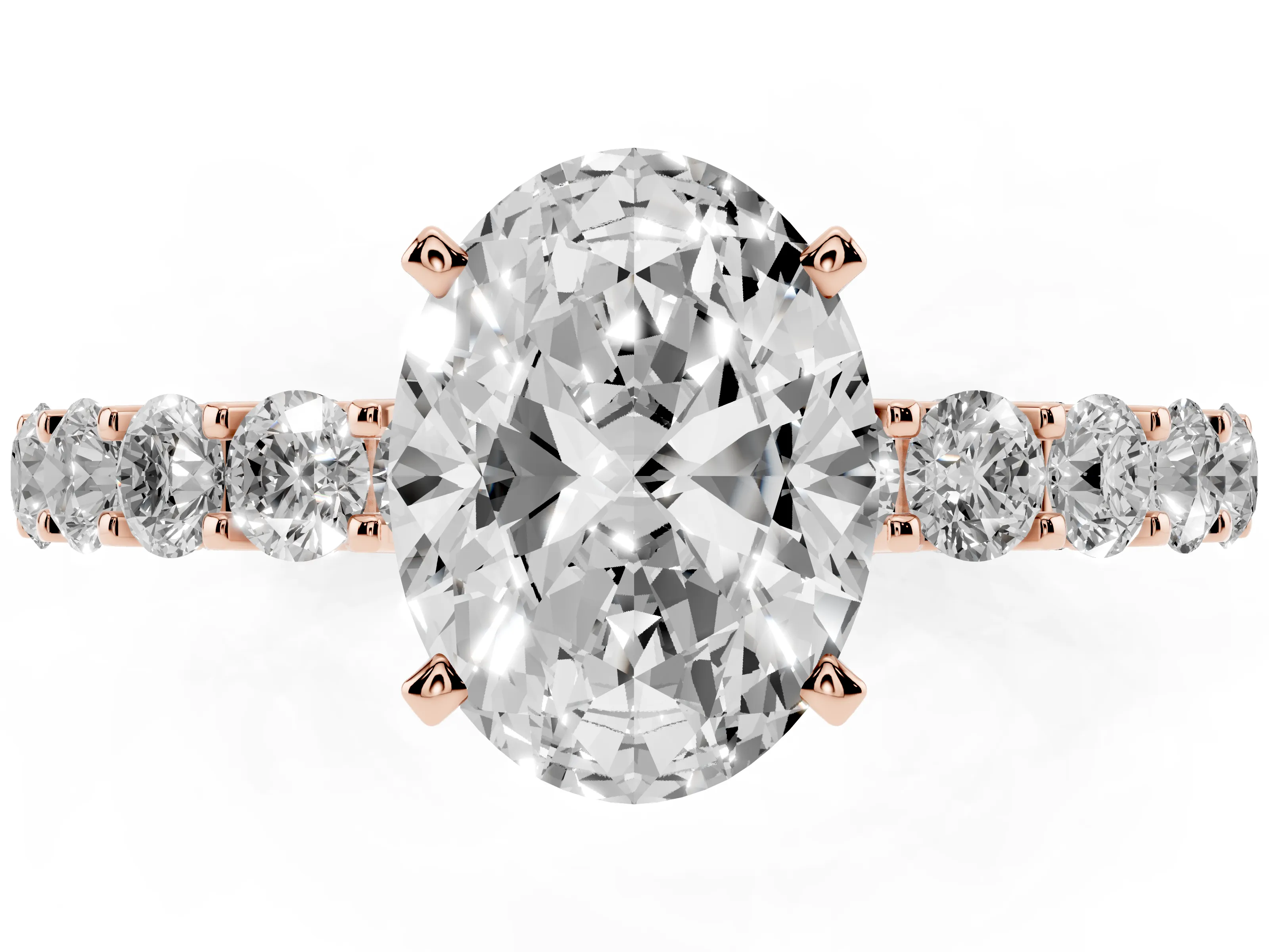 Oval Cut Diamond Solitaire Ring Set in Rose gold with Shared Prong Pavé Band