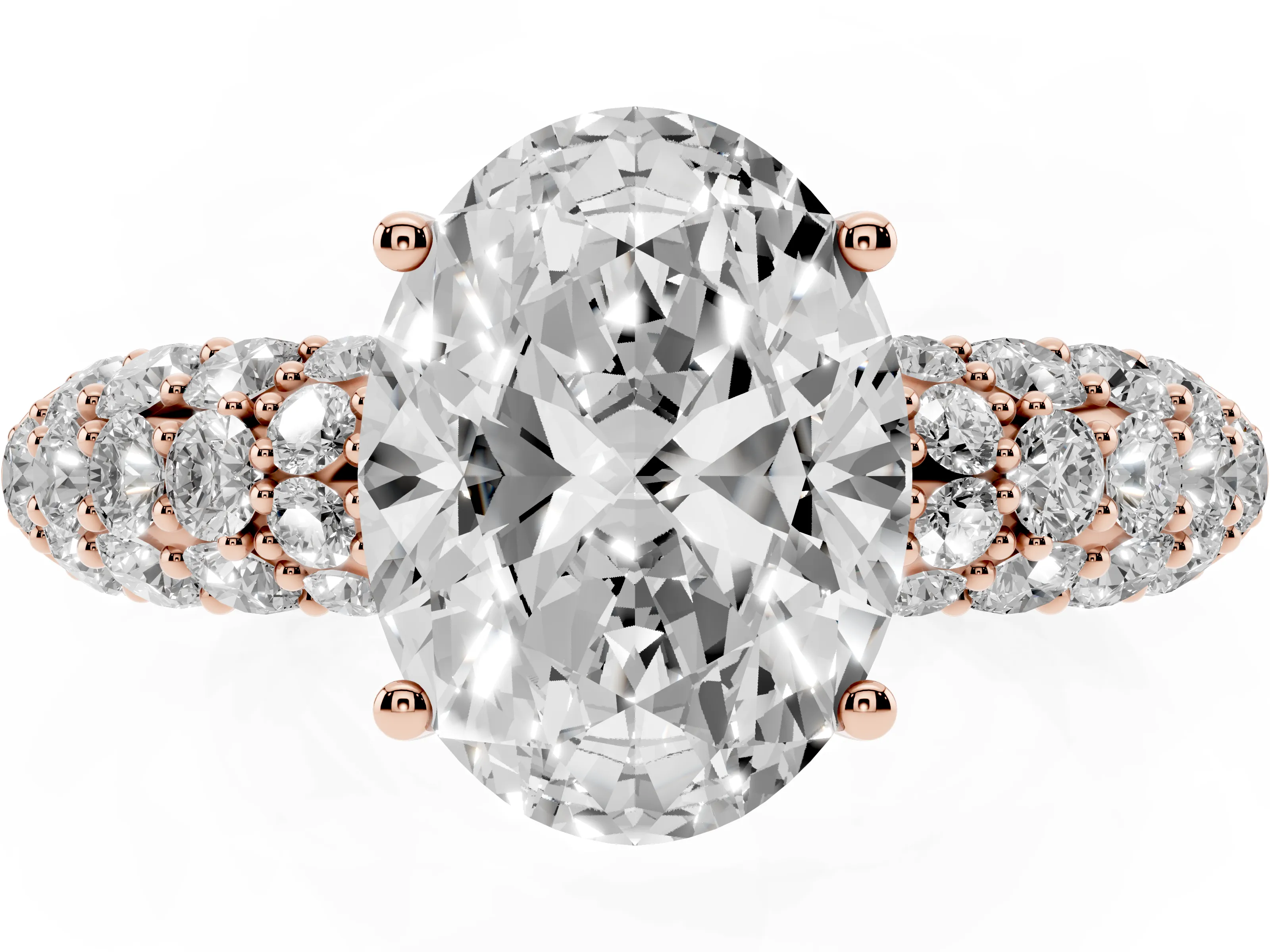 Oval Cut Diamond Pavé Band Solitaire Ring Set in Rose gold with Close-Set Accent Stones and Prong Setting