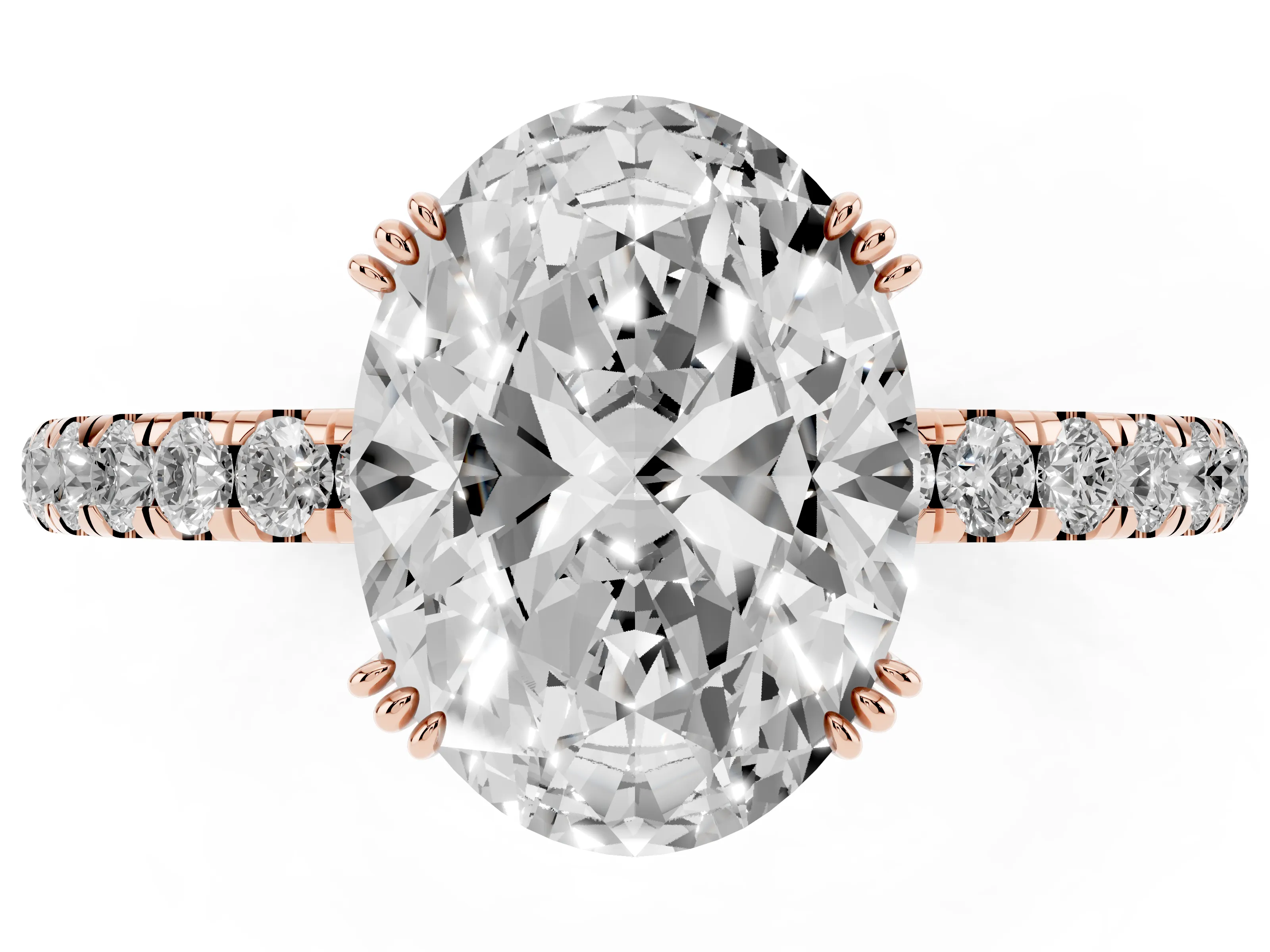 Oval Cut Diamond Brilliant Solitaire Set in Rose gold with Pavé Band and Claw Prong Setting