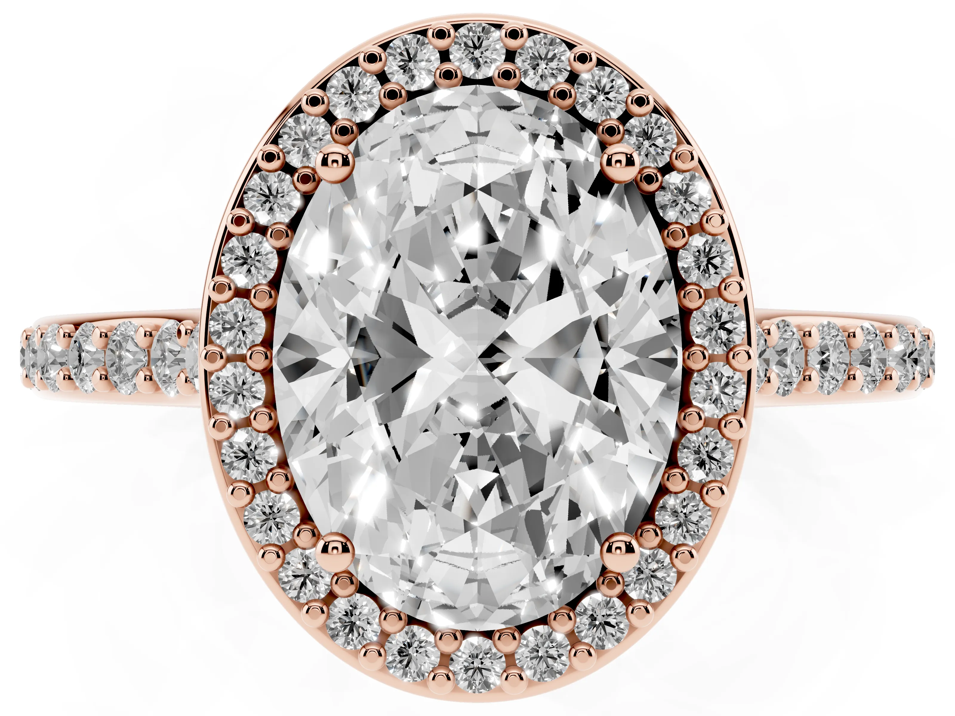 Oval Cut Diamond Halo Engagement Ring Set in Rose gold with Round Pavé Shoulders and Heart Gallery