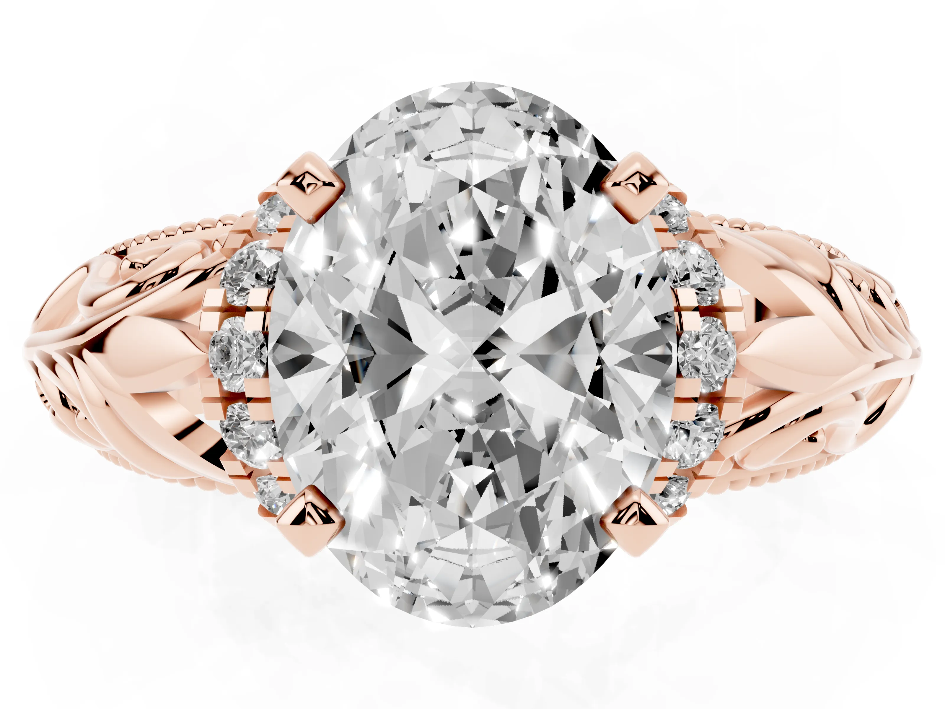 Oval Cut Diamond Filigree Halo Engagement Ring Set in Rose gold with Prong Setting