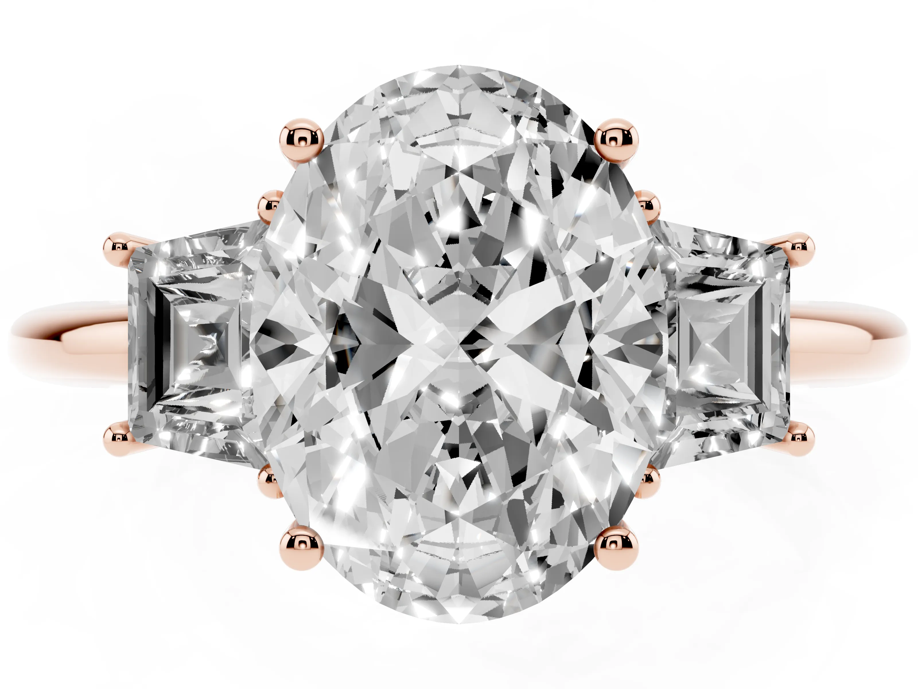 Oval Cut Diamond Three-Stone Ring Set in Rose gold with Trapezoid Side Stones and Prong Setting