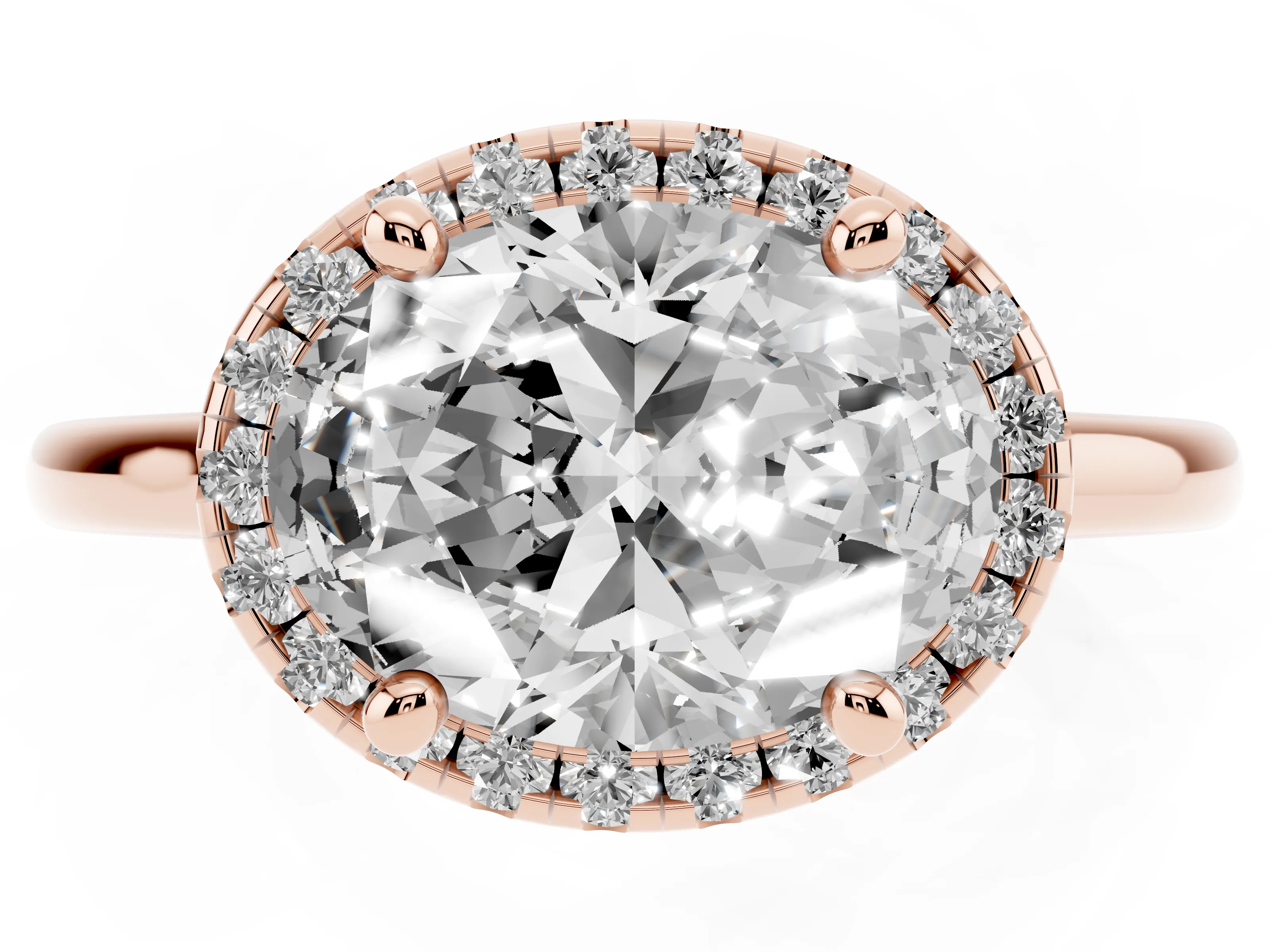 Oval Cut Diamond Halo Engagement Ring Set in Rose gold with Pavé Band and Rising Shoulders