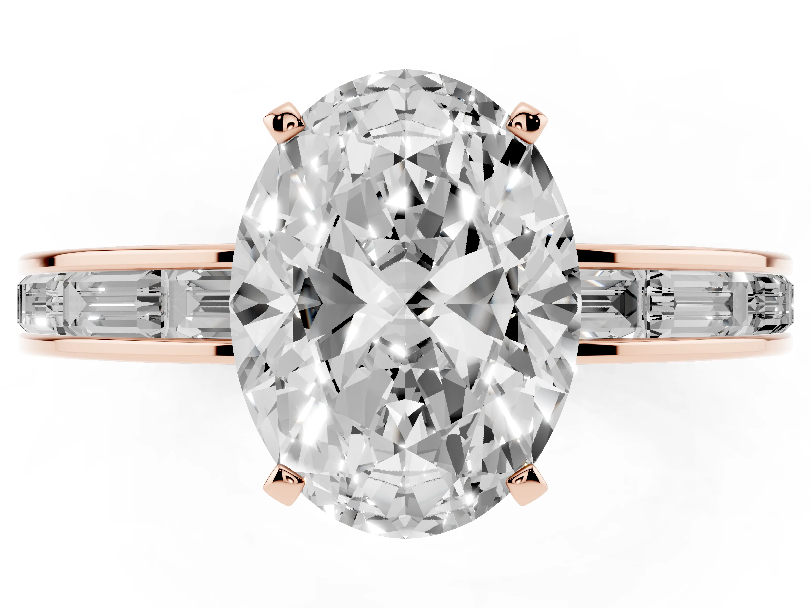 Oval Cut Diamond Solitaire Ring Set in Rose gold with Channel-Set Baguette Band and Prong Setting