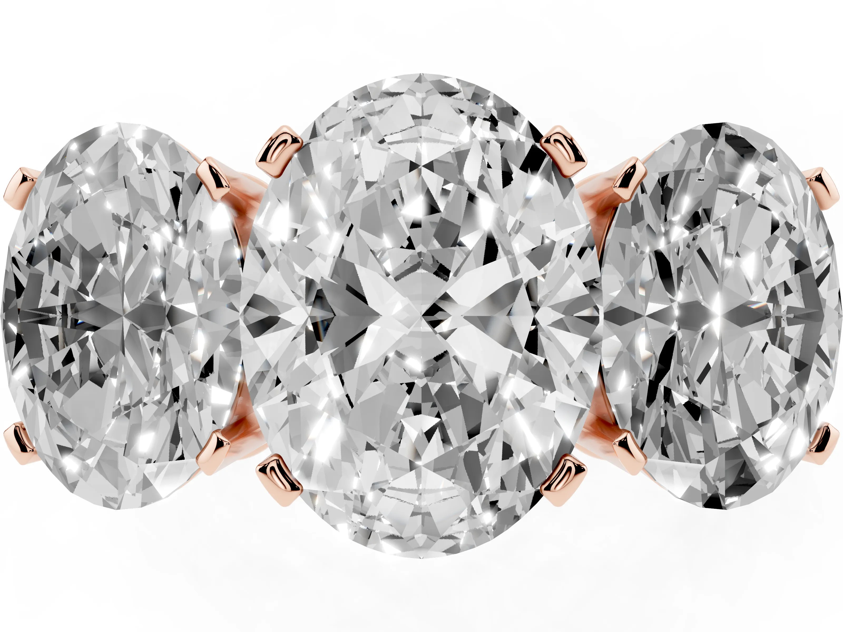 Oval Cut Diamond Three-Stone Ring Set in Rose gold with Channel-Set Band and Prong Settings