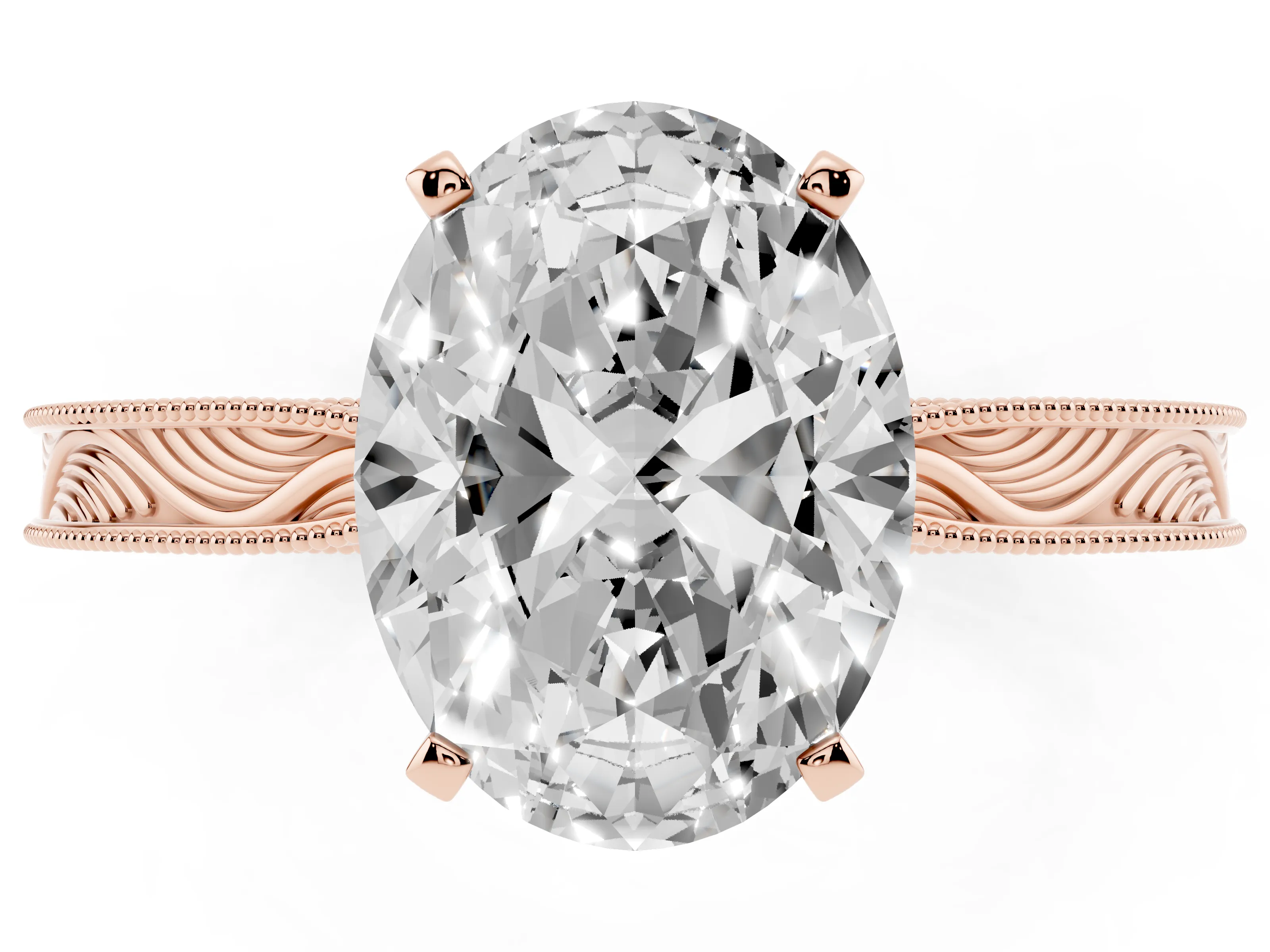 Oval Cut Diamond Solitaire Milgrain Engraved Band Set in Rose gold with Prong Setting