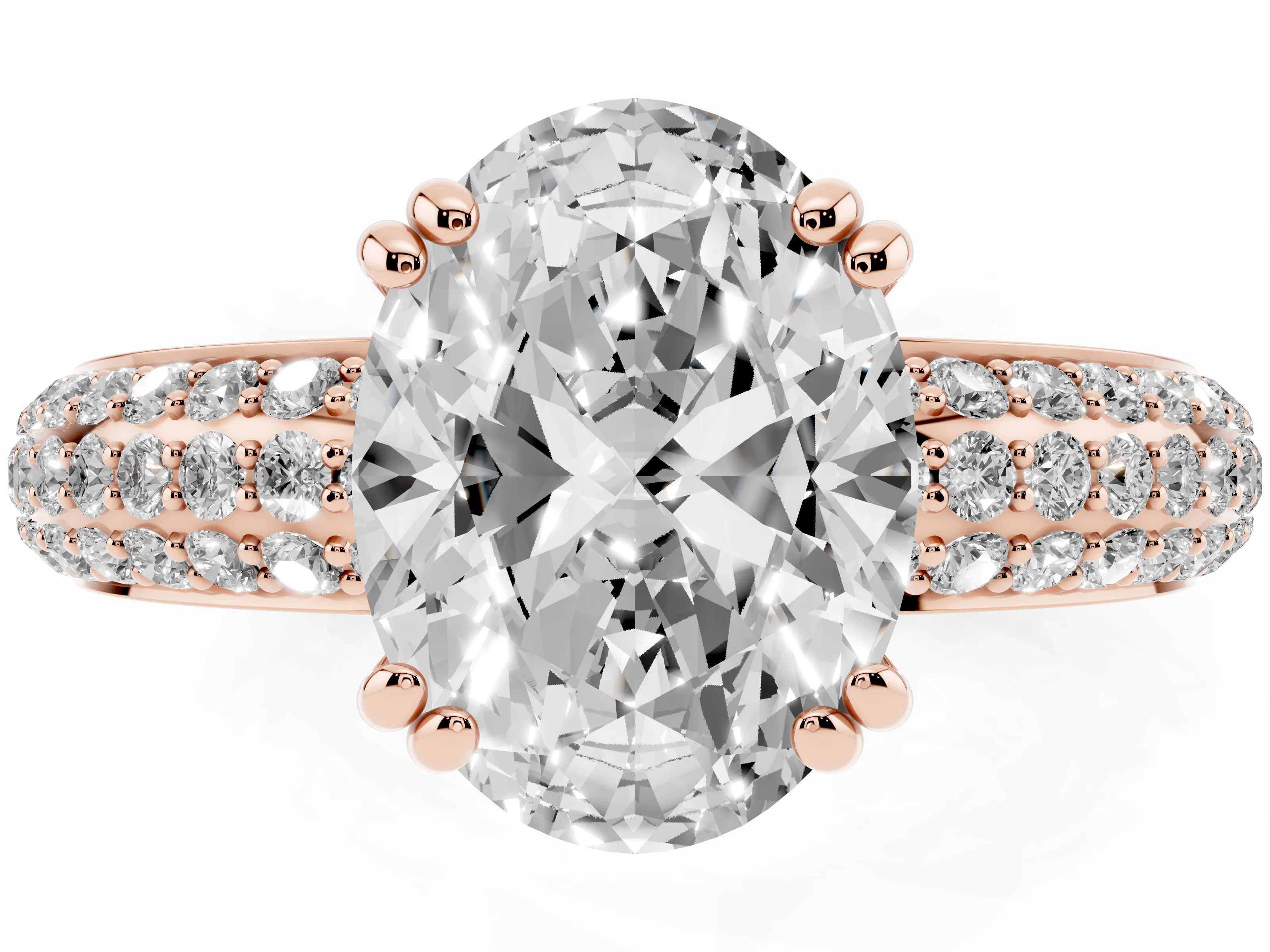 Oval Cut Diamond Solitaire Ring Set in Rose gold with Multi-Row Round Pavé Band and Prong Setting