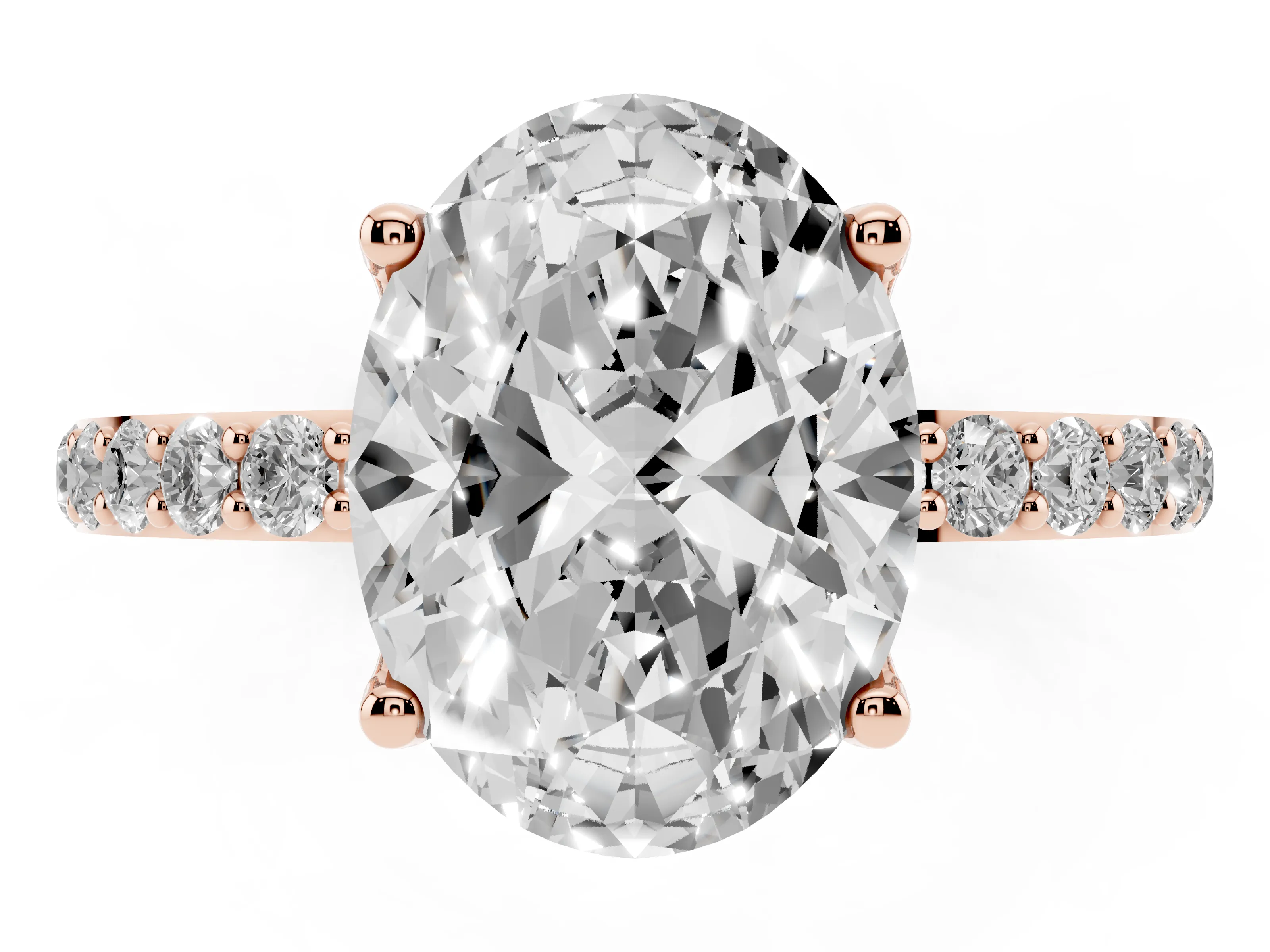 Oval Cut Diamond Solitaire Engagement Ring Set in Rose gold with Round Pavé Band and Prong Setting