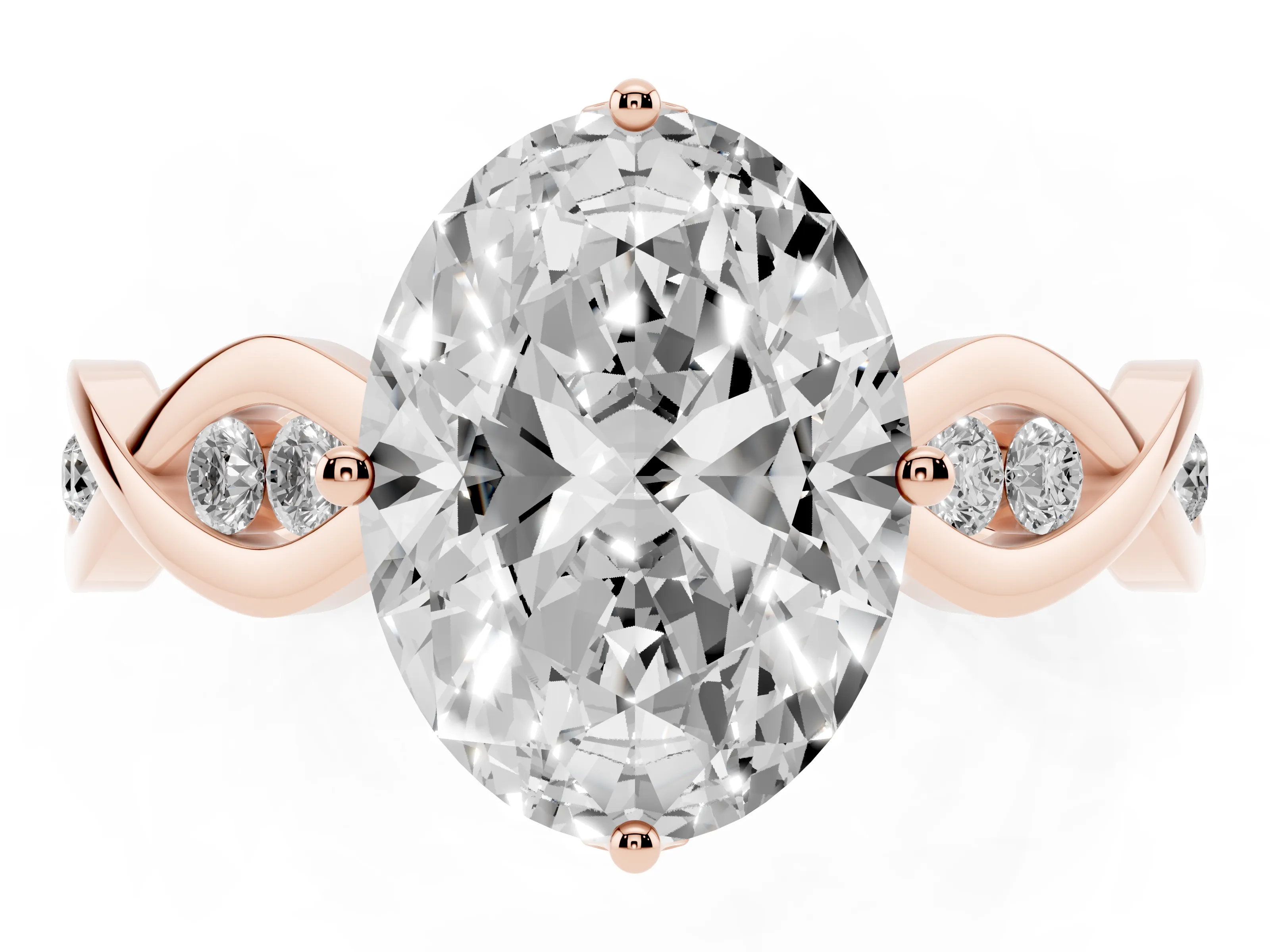 Oval Cut Diamond Twist Band Solitaire Ring Set in Rose gold with Leaf Prong Setting and Accent Stones