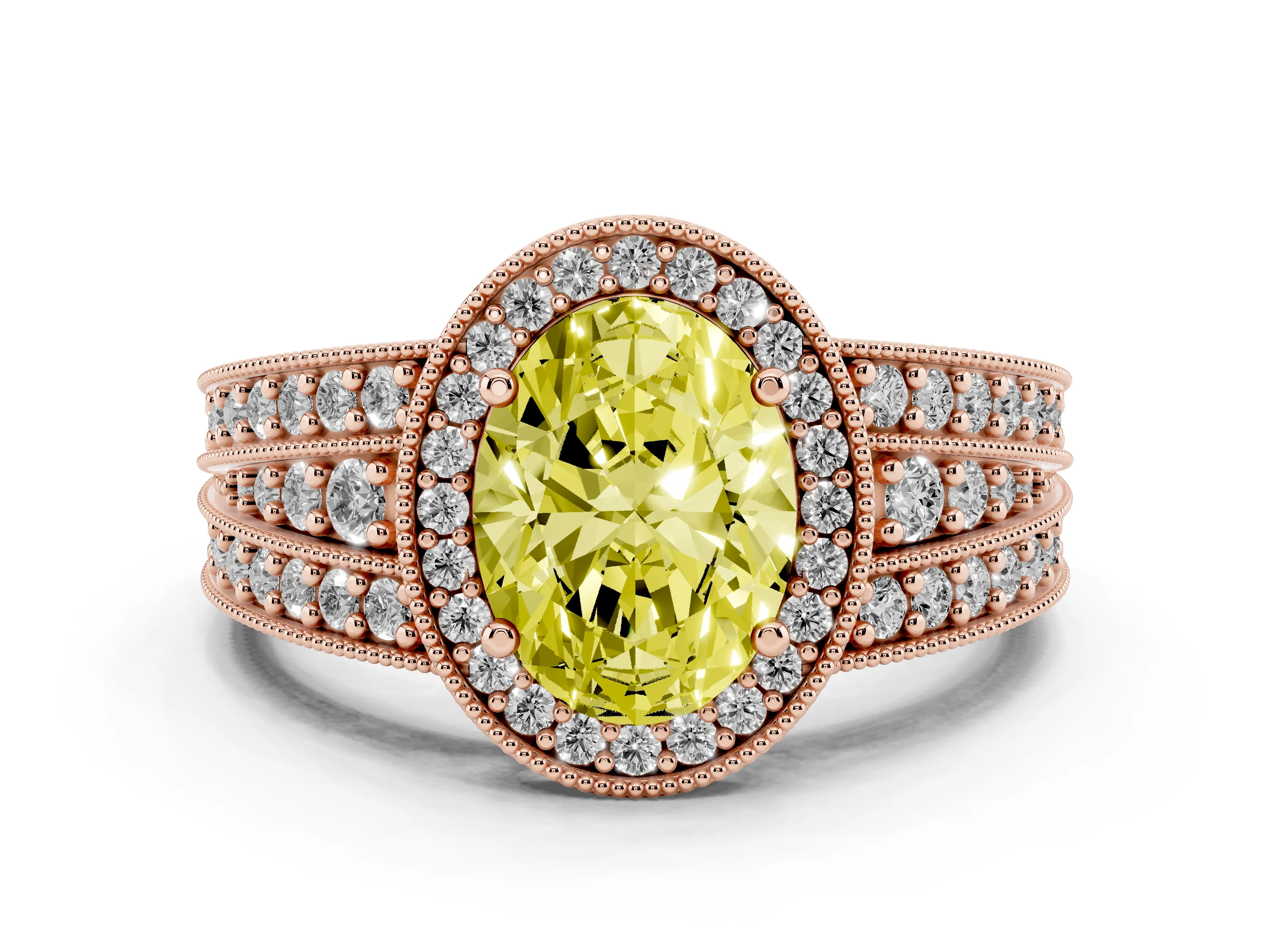Fancy Yellow Oval Cut Diamond Halo Ring Set in Rose gold with Accent Split Shank and Prong Setting