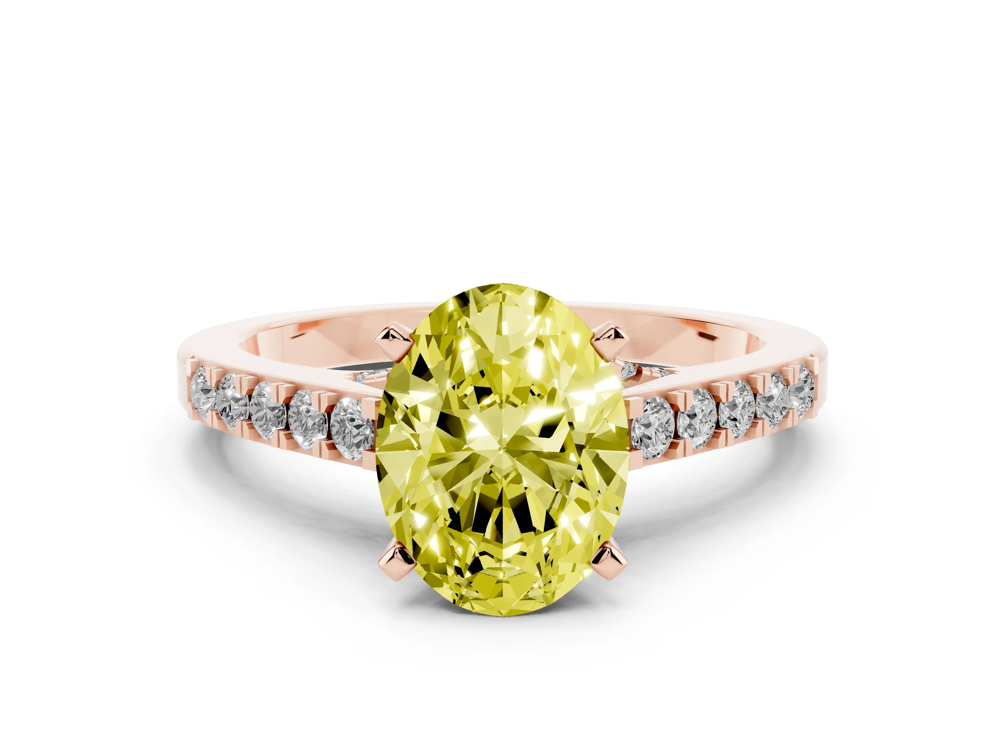 Fancy Yellow Oval Cut Diamond Solitaire Ring Set in Rose gold with Crossover Gallery and Round Pavé Band