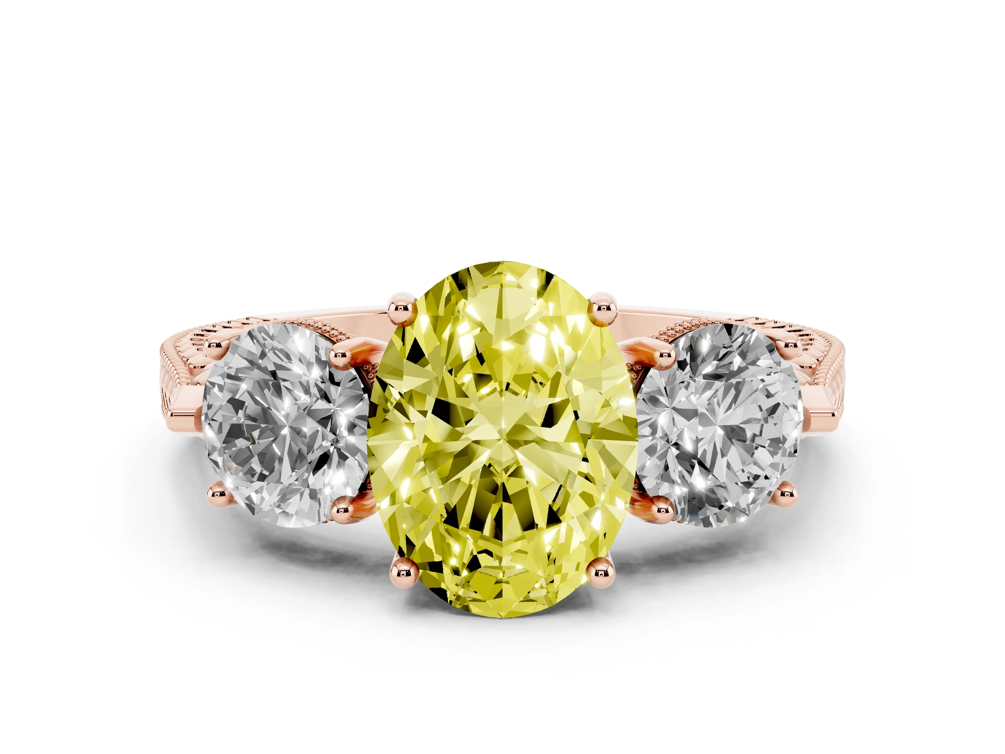 Fancy Yellow Oval Cut Diamond Three-Stone Ring Set in Rose gold with Milgrain Band