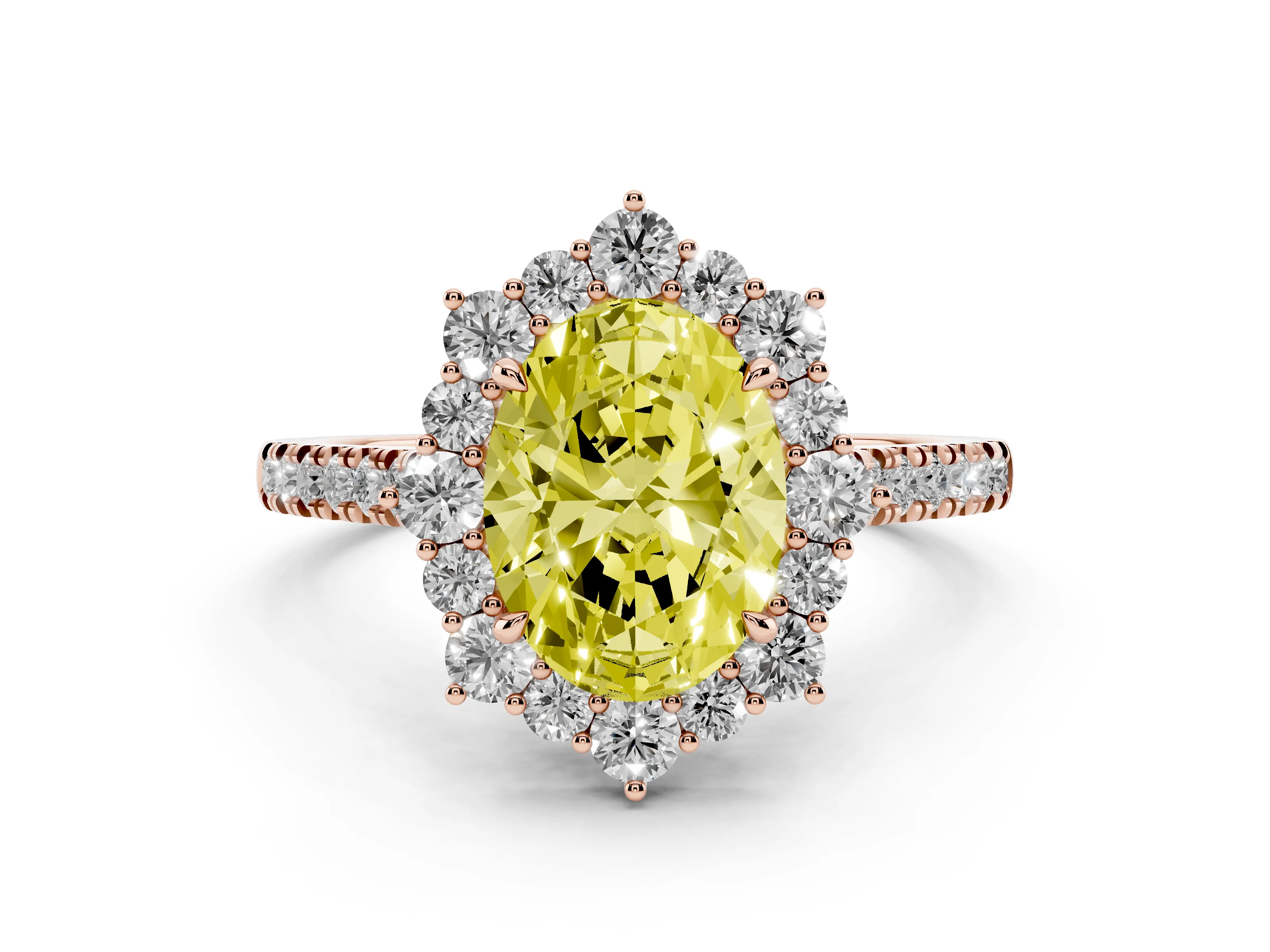 Fancy Yellow Oval Cut Diamond Halo Ring Set in Rose gold with Pavé Band and Prong Setting