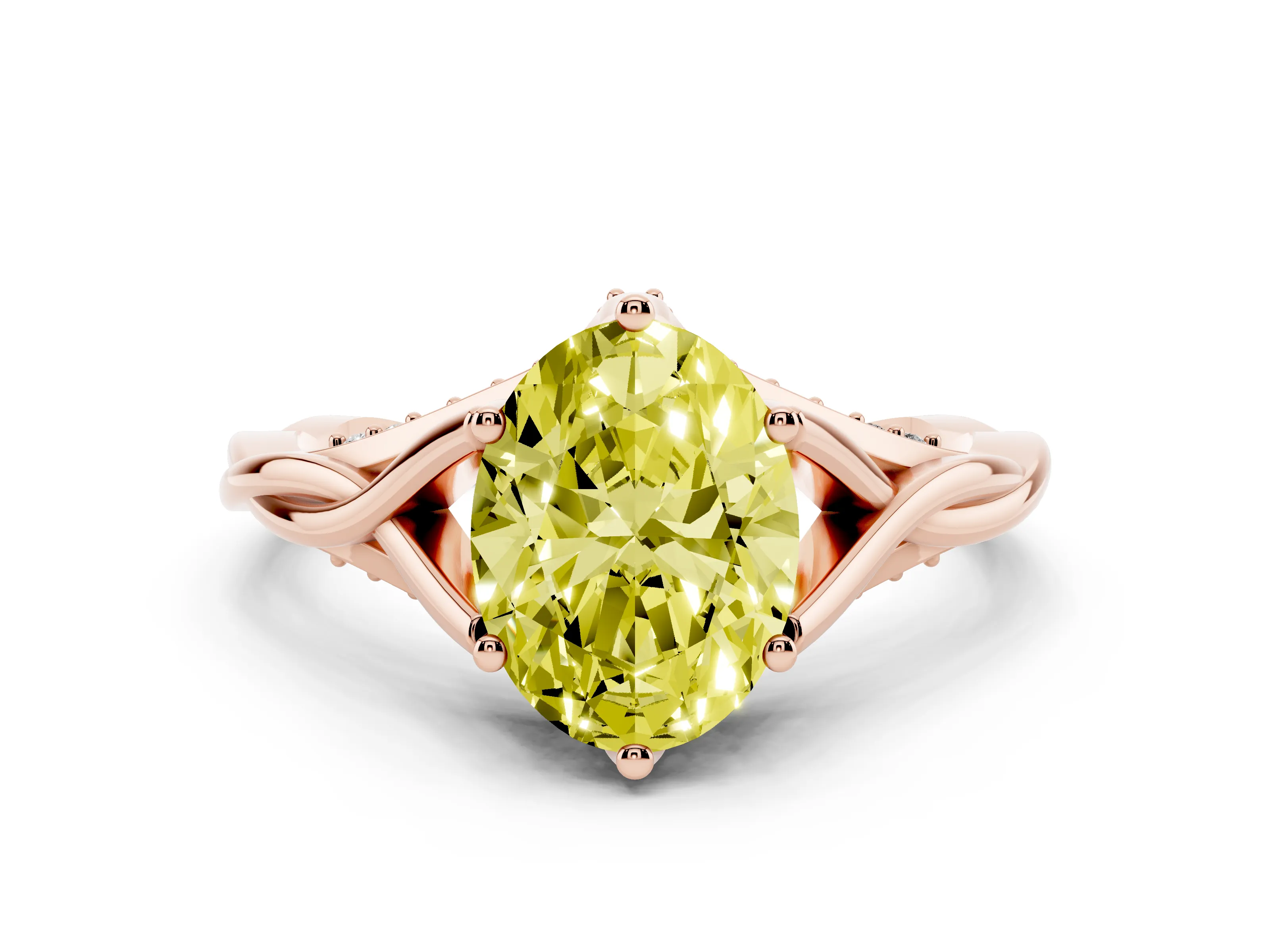 Fancy Yellow Oval Cut Diamond Intertwined Twist Band Solitaire Ring Set in Rose gold with Prong Setting