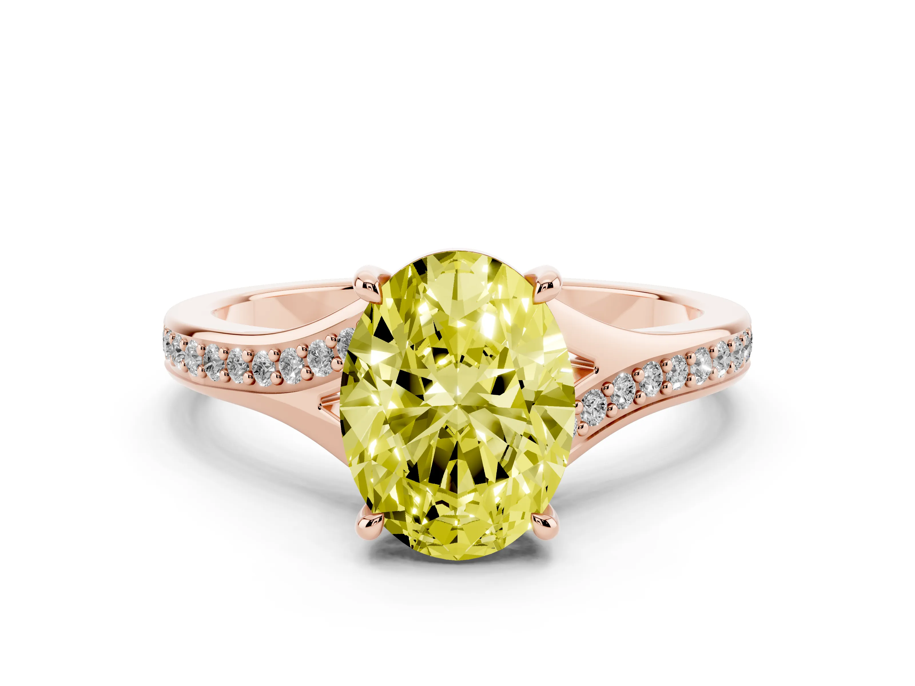 Fancy Yellow Oval Cut Diamond Solitaire Ring Set in Rose gold with Pavé Accent Band and Classic Prong Setting