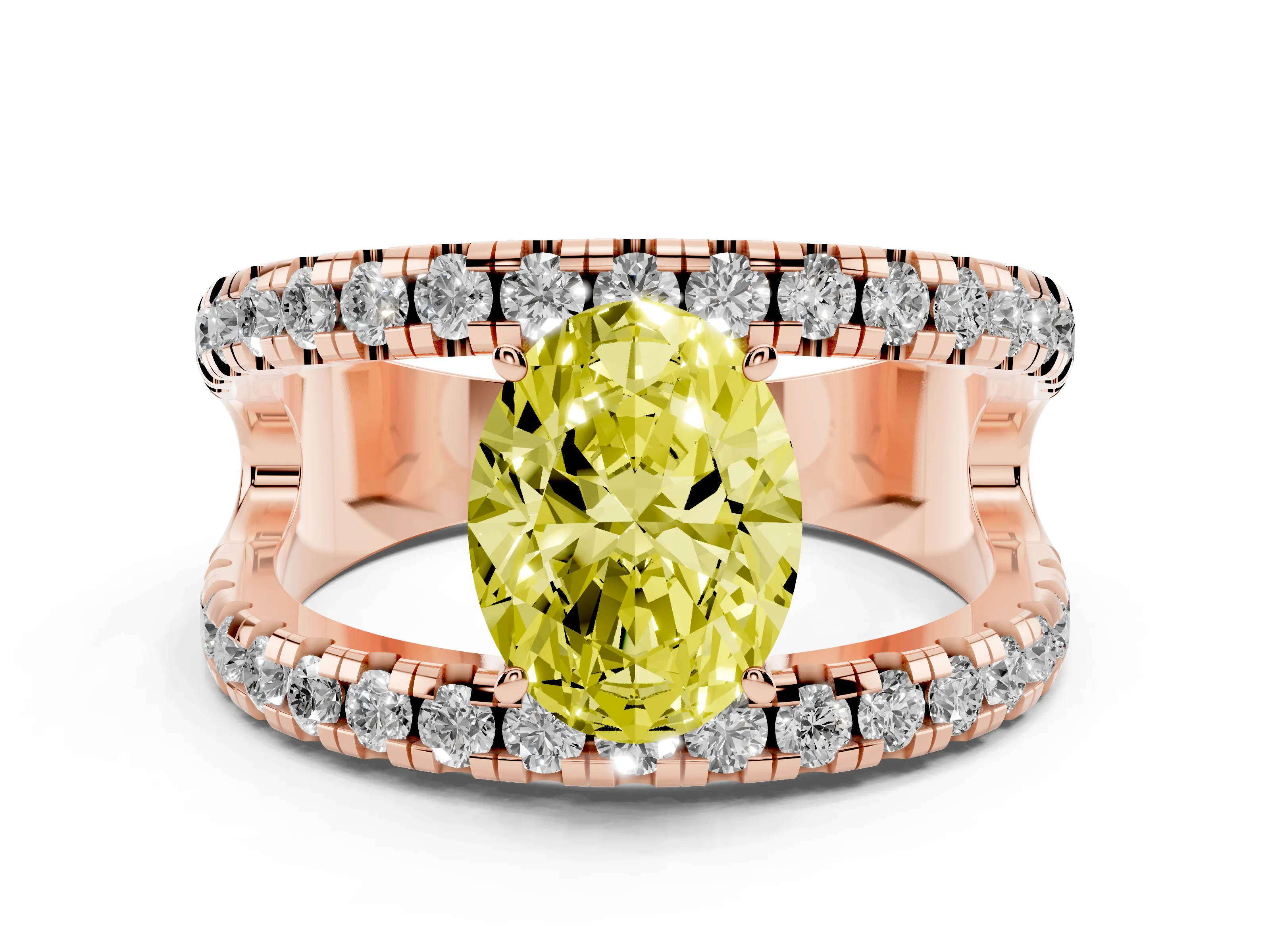 Fancy Yellow Oval Cut Diamond Split Shank Pavé Solitaire Ring Set in Rose gold with Open Shank Design