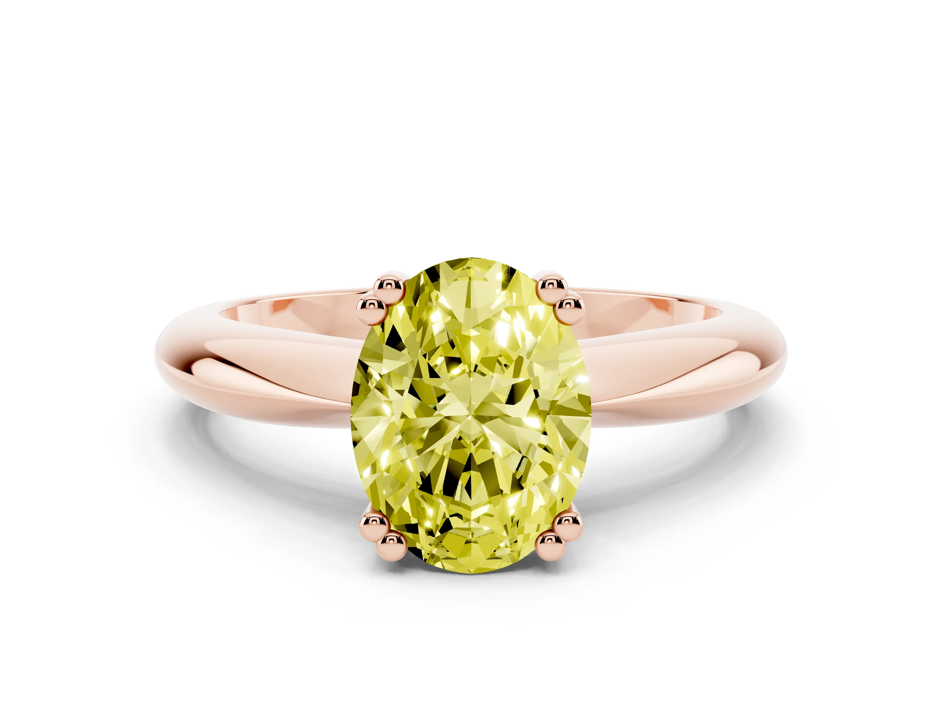 Fancy Yellow Oval Cut Diamond Solitaire Engagement Ring Set in Rose gold with Tapered Band and Prong Setting