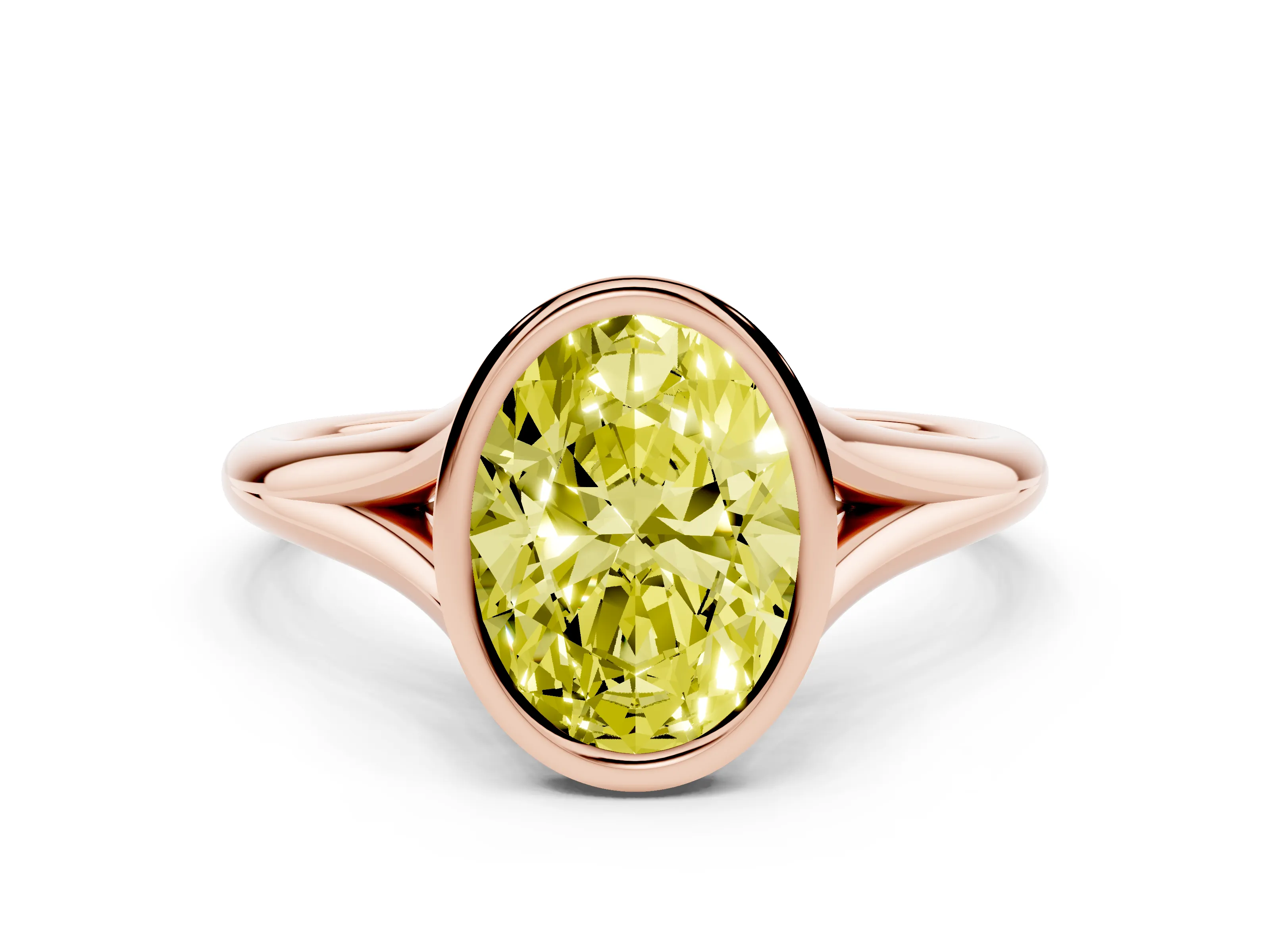 Fancy Yellow Bezel Set Oval Cut Diamond Solitaire Ring Set in Rose gold with Tapered Band