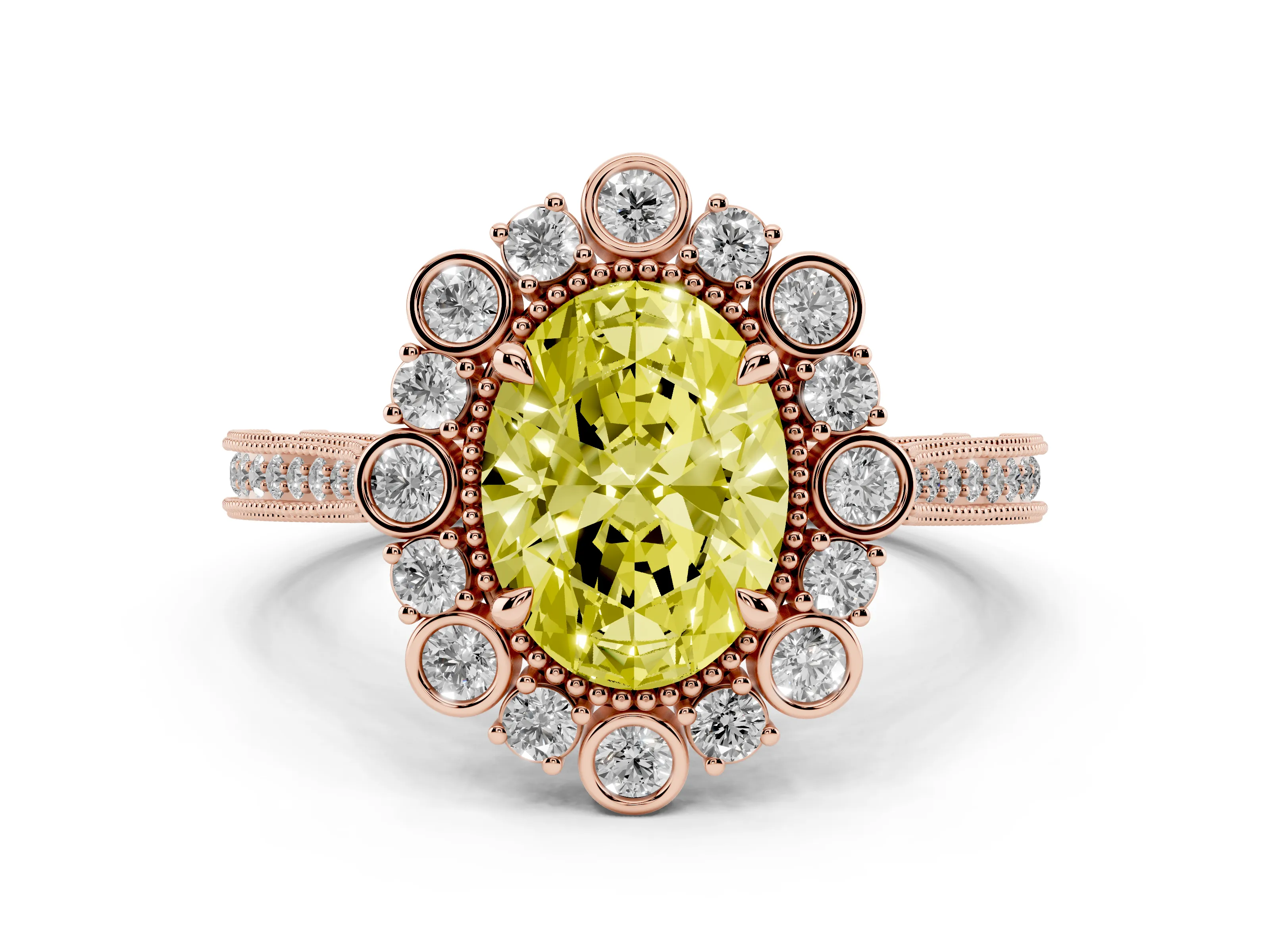 Fancy Yellow Oval Cut Diamond Halo Milgrain Pavé Ring Set in Rose gold with Prong Setting