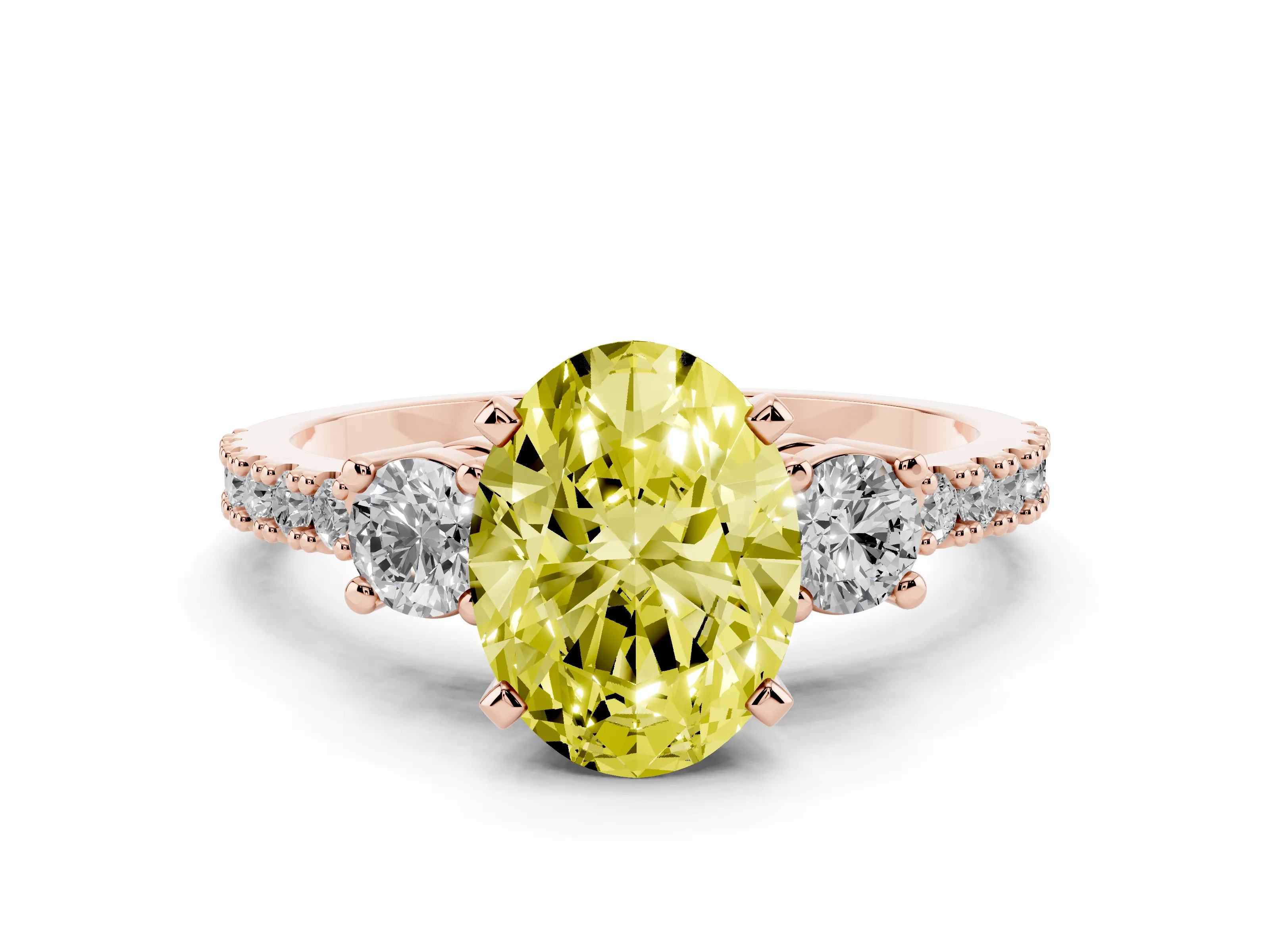 Fancy Yellow Three-Stone Oval Cut Diamond Pavé Band Ring Set in Rose gold with Prong Setting