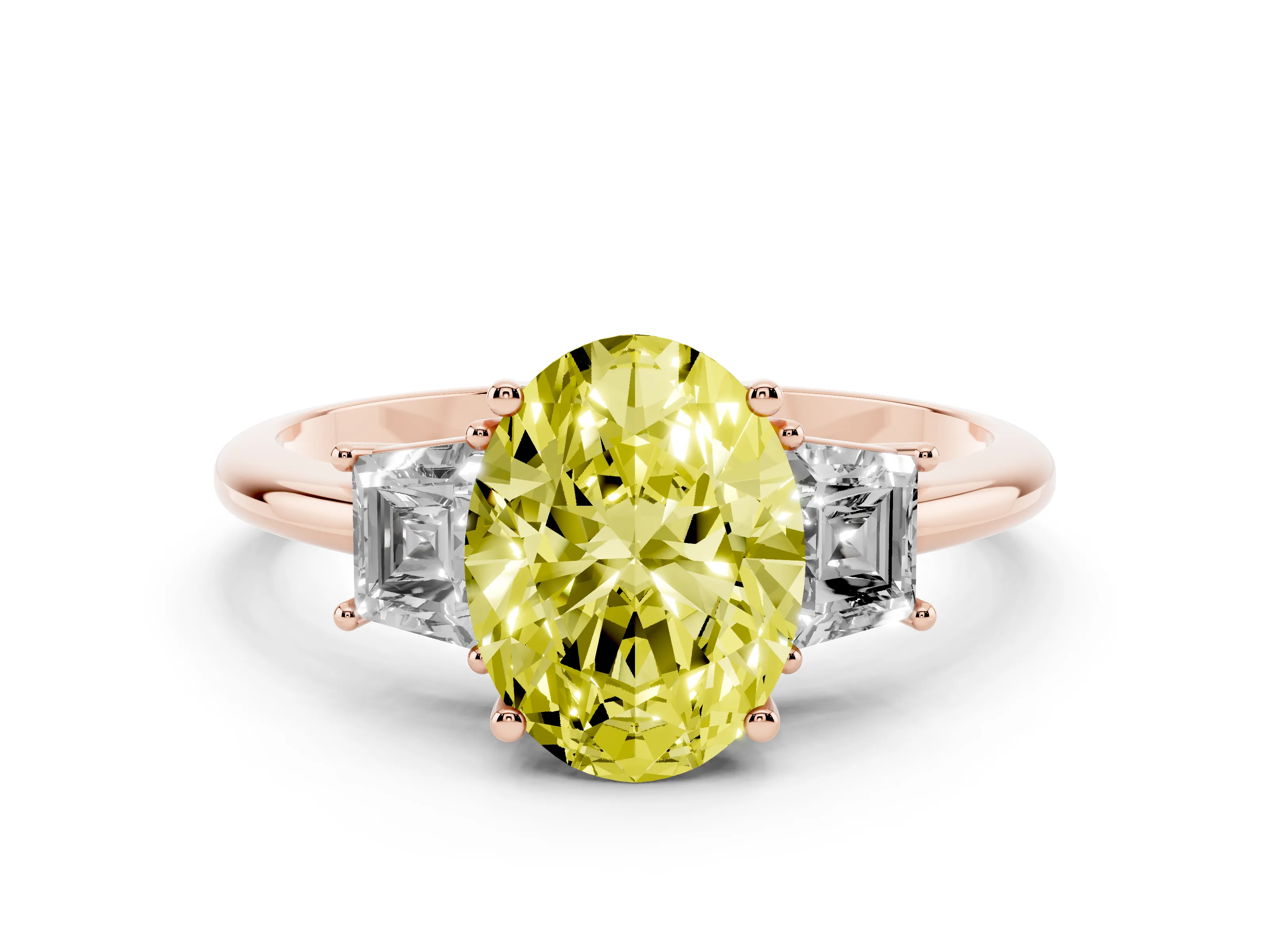 Fancy Yellow Oval Cut Diamond Three-Stone Ring Set in Rose gold with Trapezoid Side Stones and Prong Setting