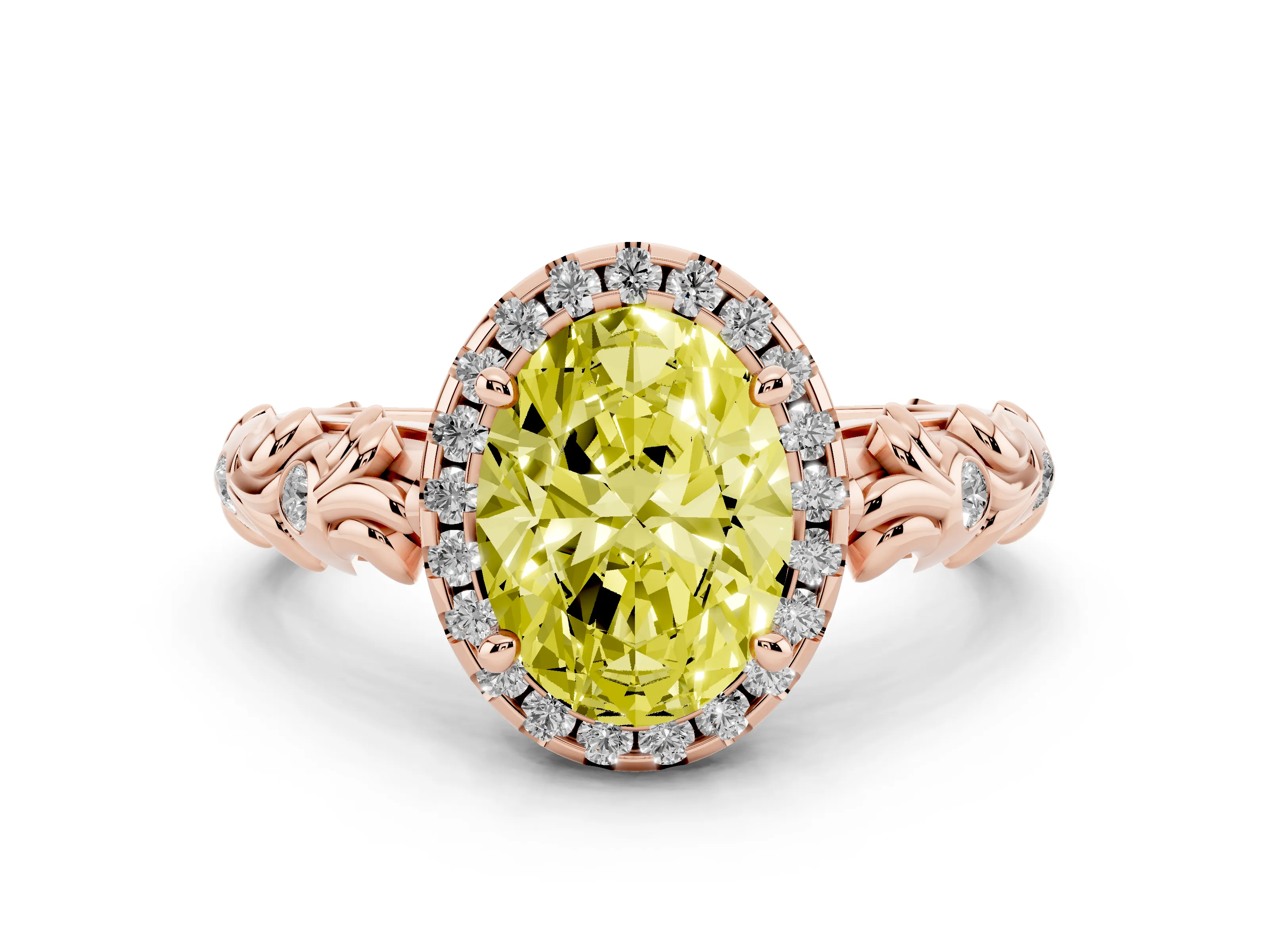 Fancy Yellow Oval Cut Diamond Halo Ring Set in Rose gold with Filigree Leaf Band and Prong Setting