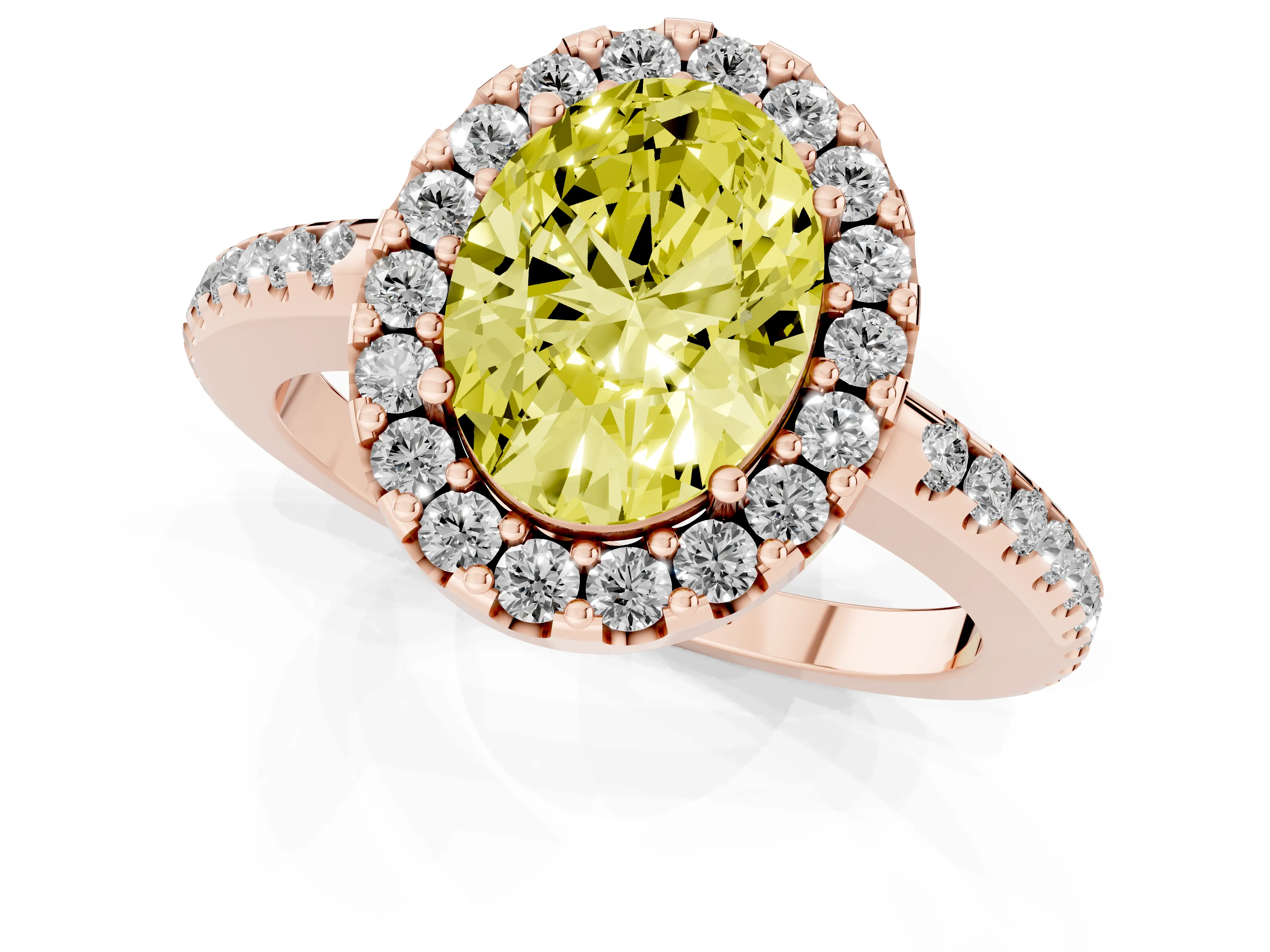 Fancy Yellow Oval Cut Diamond Pavé Halo Ring Set in Rose gold with Prong Setting