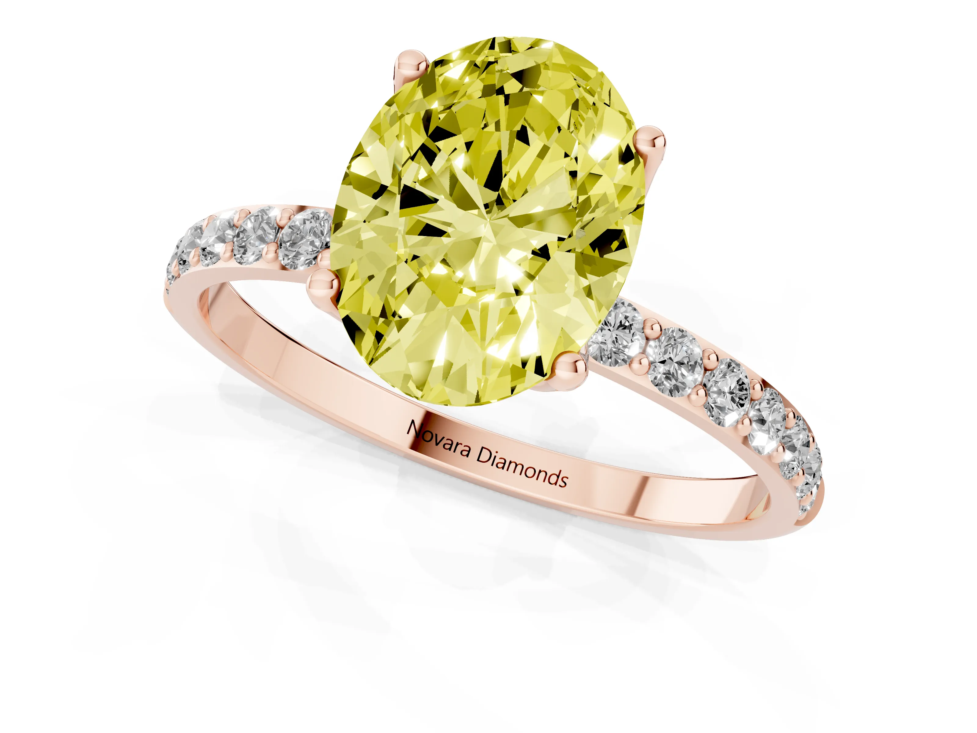Fancy Yellow Oval Cut Diamond Solitaire Engagement Ring Set in Rose gold with Round Pavé Band and Prong Setting