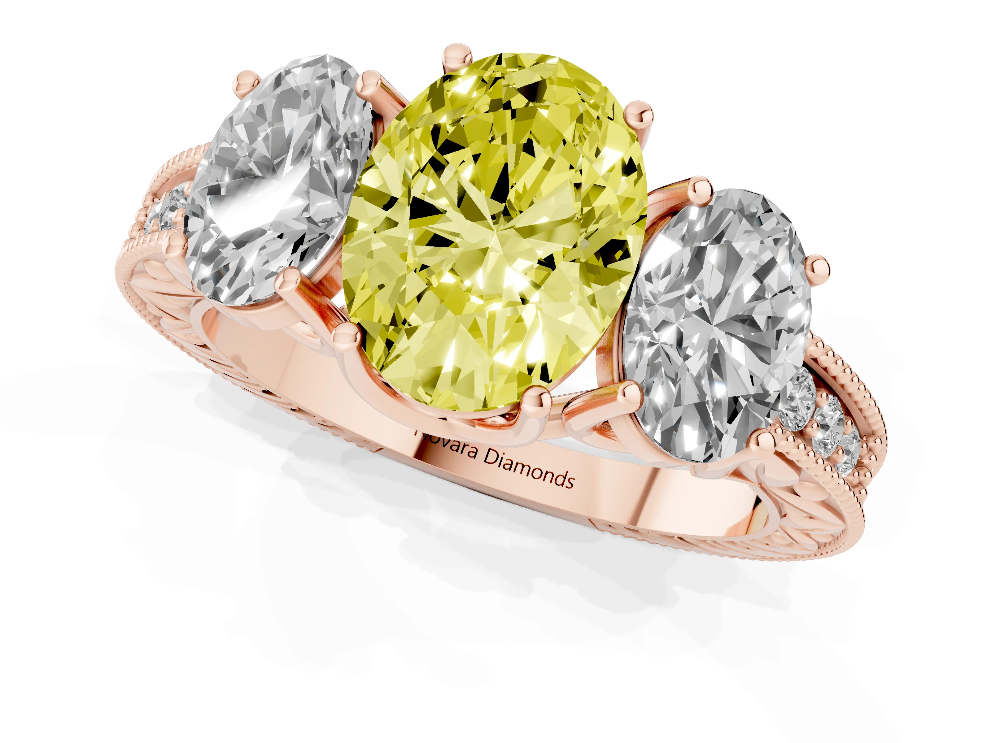Fancy Yellow Oval Cut Diamond Three-Stone Engagement Ring Set in Rose gold with Milgrain Pavé Band