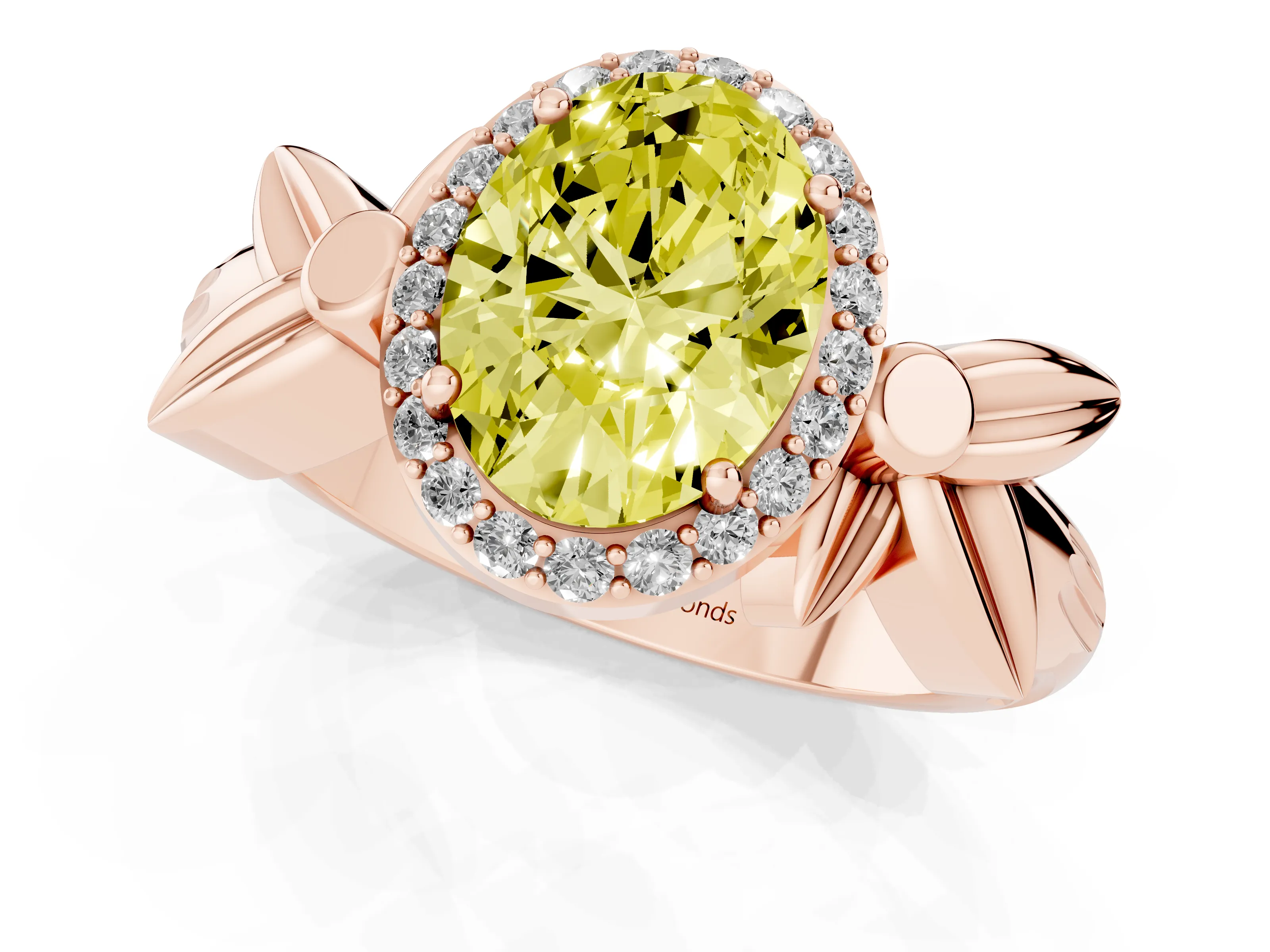 Fancy Yellow Oval Cut Diamond Halo Floral Band Ring Set in Rose gold with Prong Setting