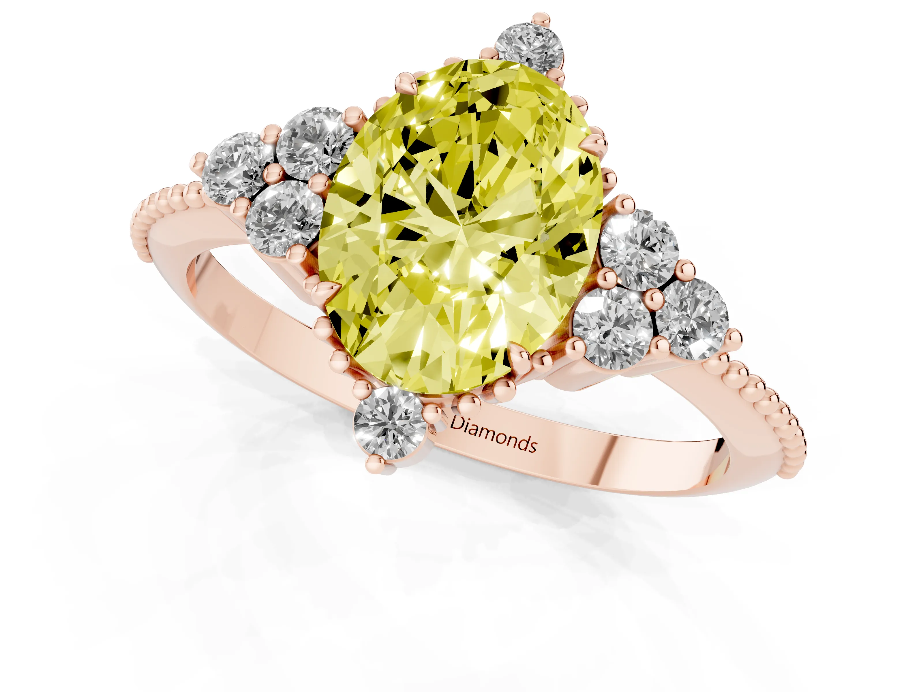 Fancy Yellow Oval Cut Diamond Cluster Ring Set in Rose gold with Beaded Band