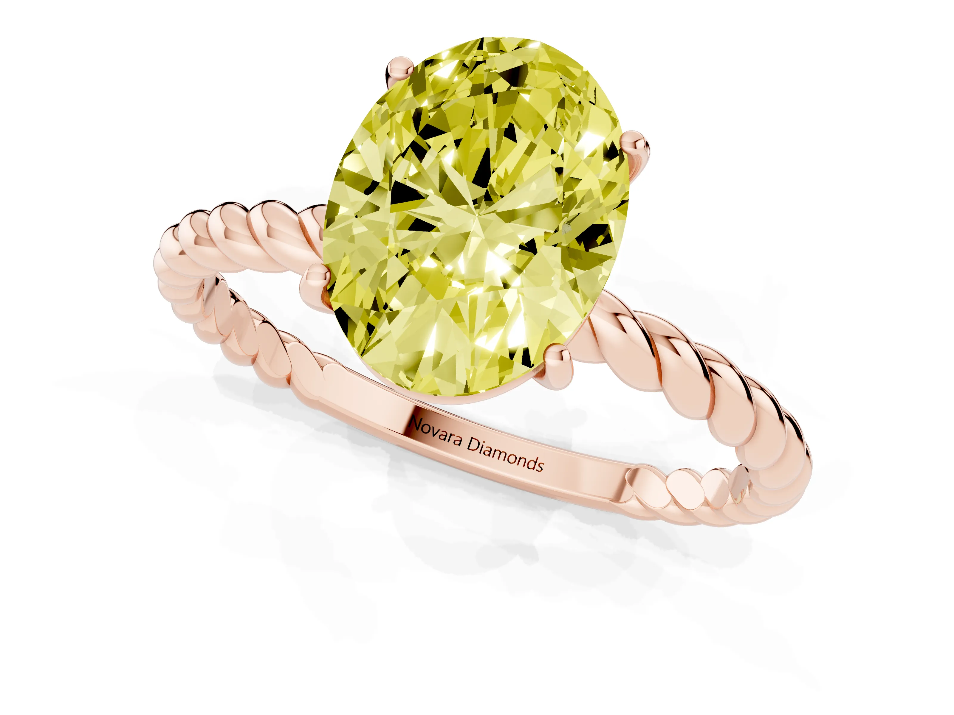 Fancy Yellow Oval Cut Diamond Solitaire Ring Set in Rose gold with Twist Band and Prong Setting
