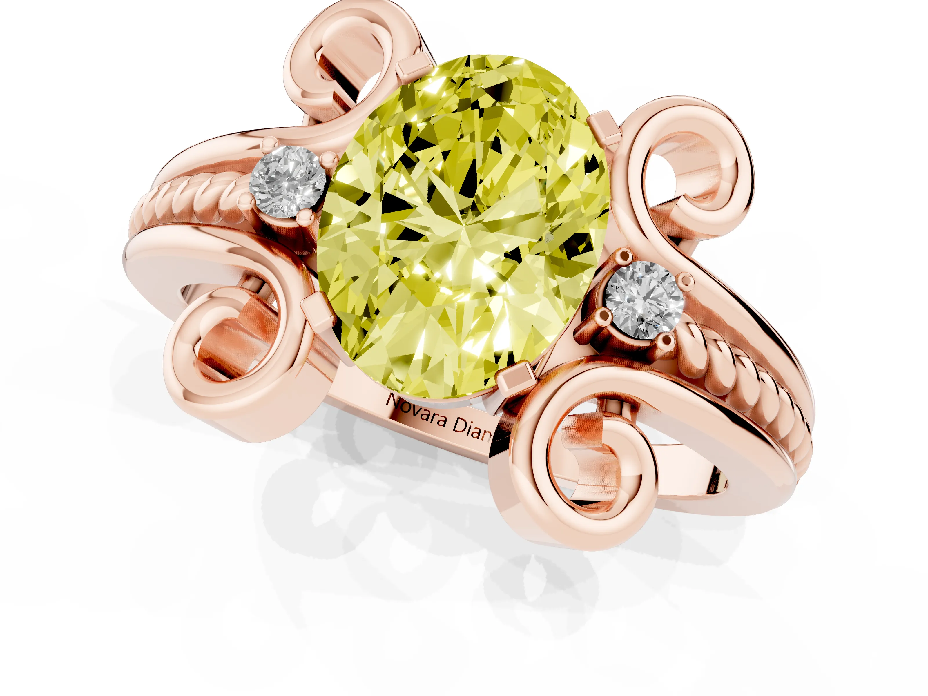 Fancy Yellow Oval Cut Diamond Twisted Band Solitaire Ring Set in Rose gold with Scroll Prongs