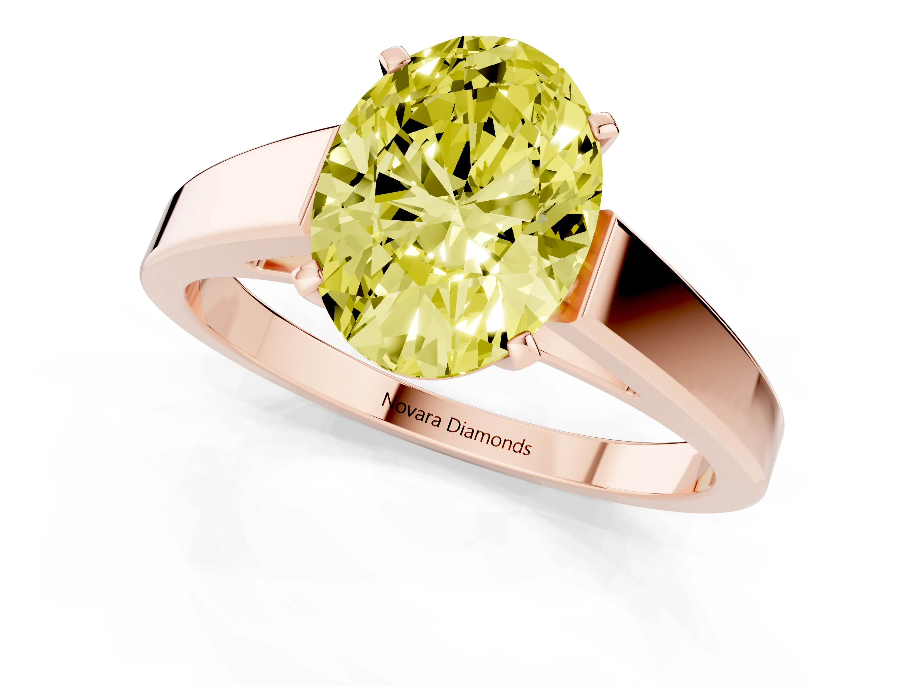 Fancy Yellow Oval Cut Diamond Solitaire Engagement Ring Set in Rose gold with Prong Setting and Tapered Band