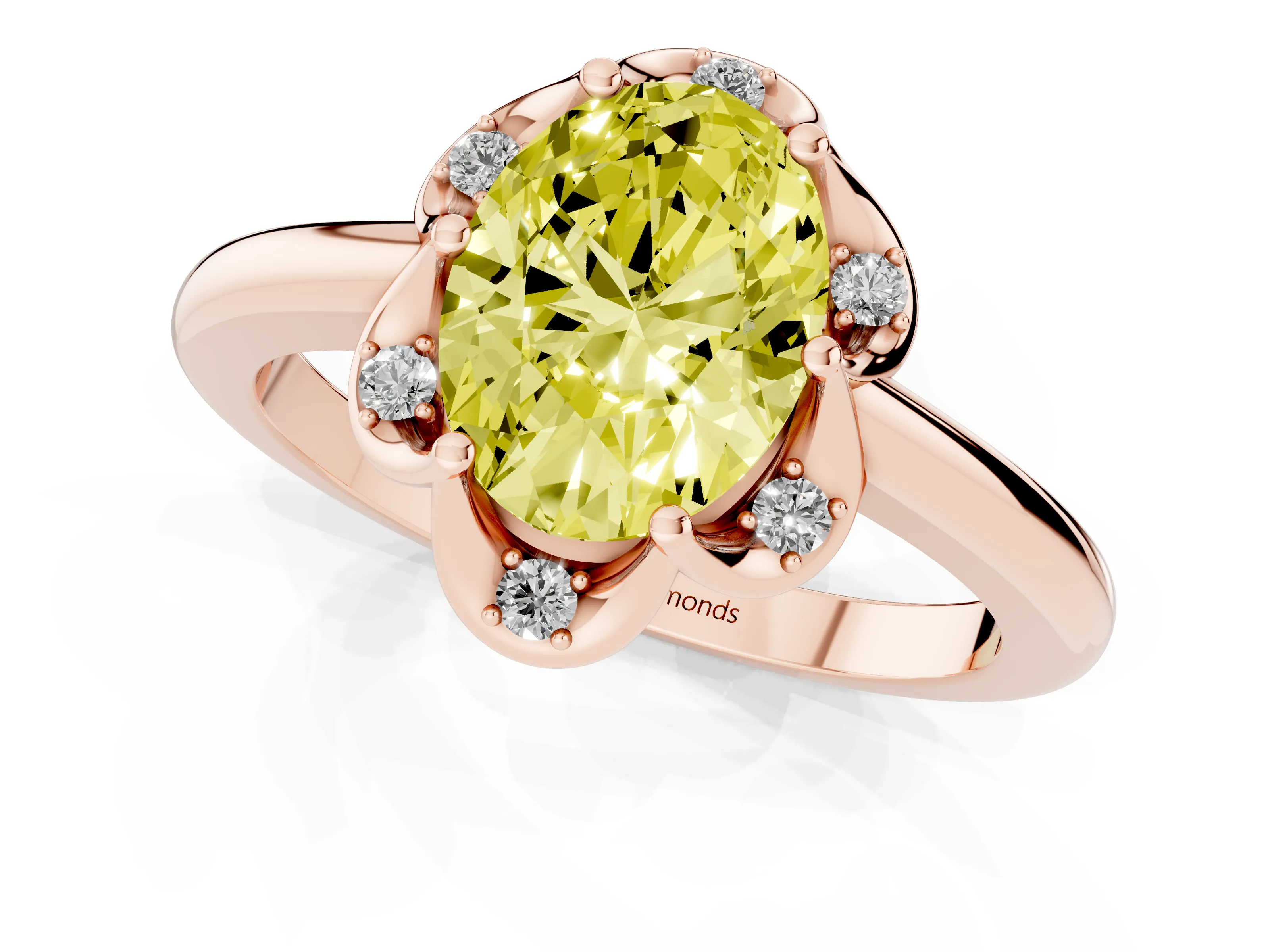 Fancy Yellow Oval Cut Diamond Round Cluster Halo Ring Set in Rose gold with Solitaire Band and Prong Setting